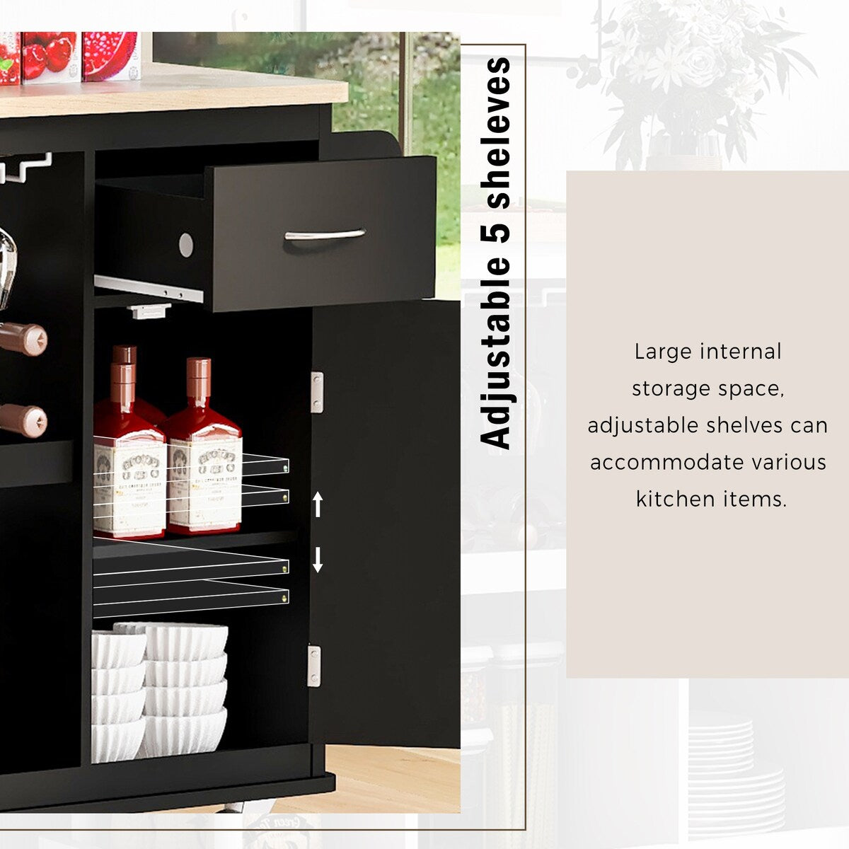 Kitchen Cart Cabinet with Wood Top and Adjustable Storage Shelves