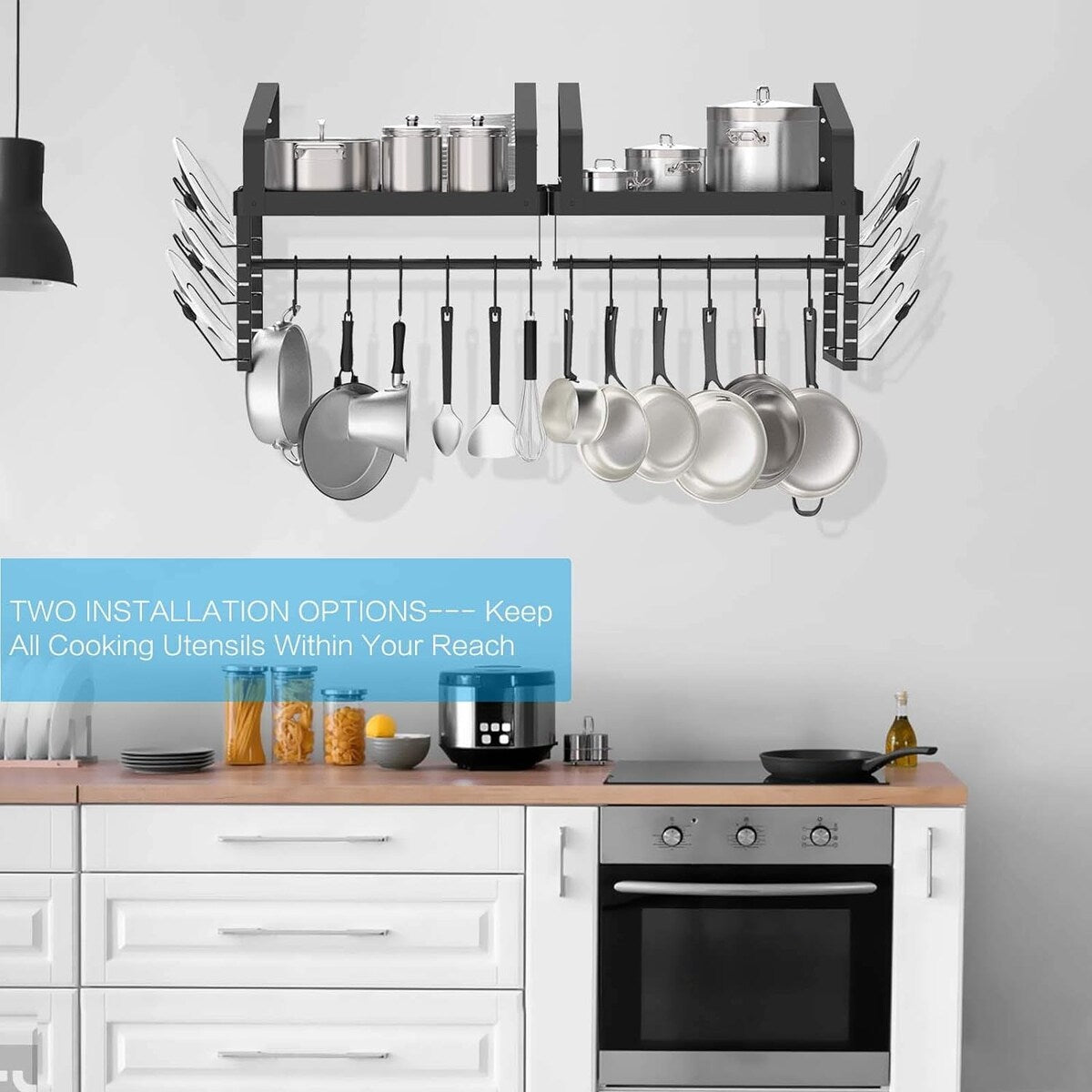 Kitchen Cookware Hanging Shelves with 12 Hooks, Pot Racks Wall Mounted Set of 2