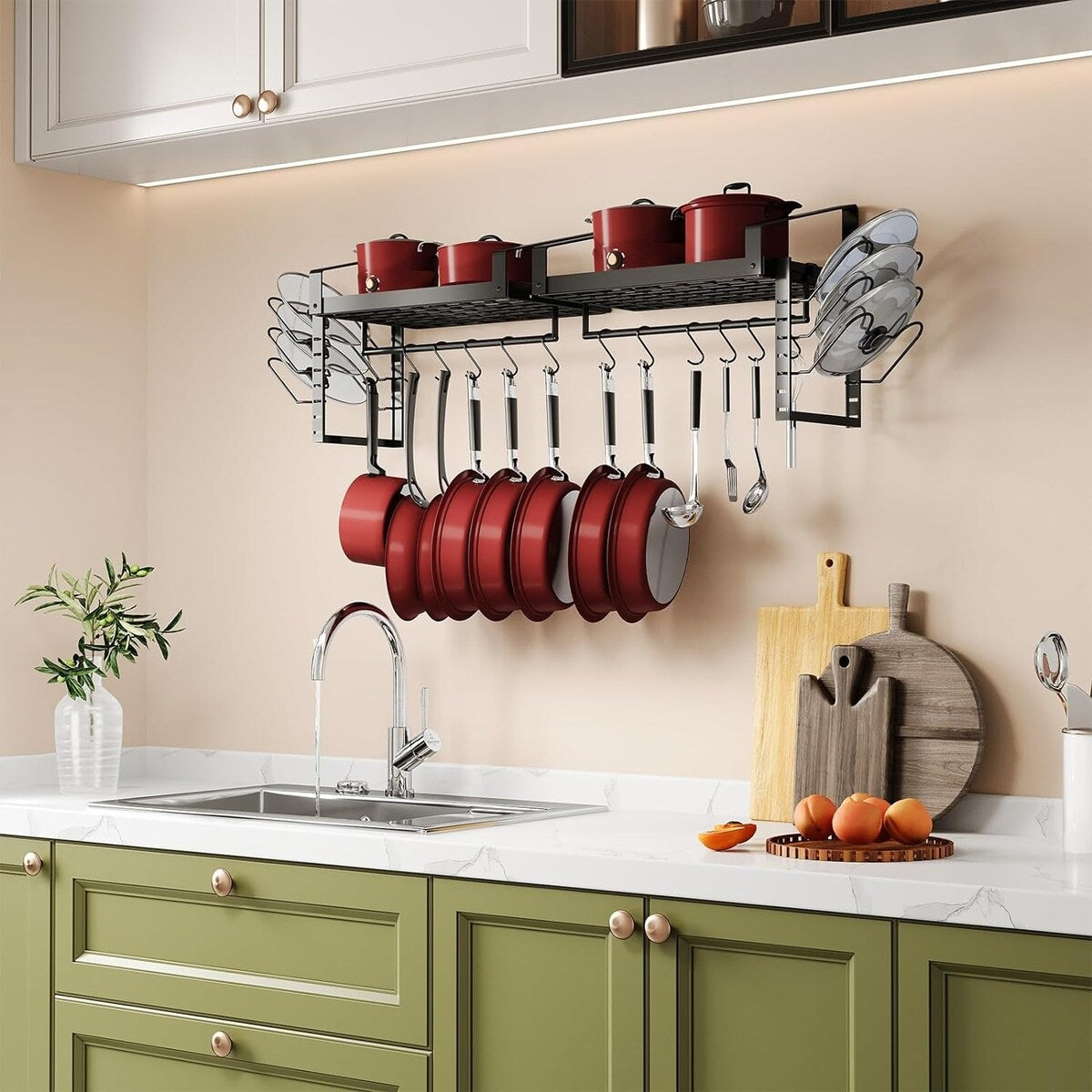 Kitchen Cookware Hanging Shelves with 12 Hooks, Pot Racks Wall Mounted Set of 2