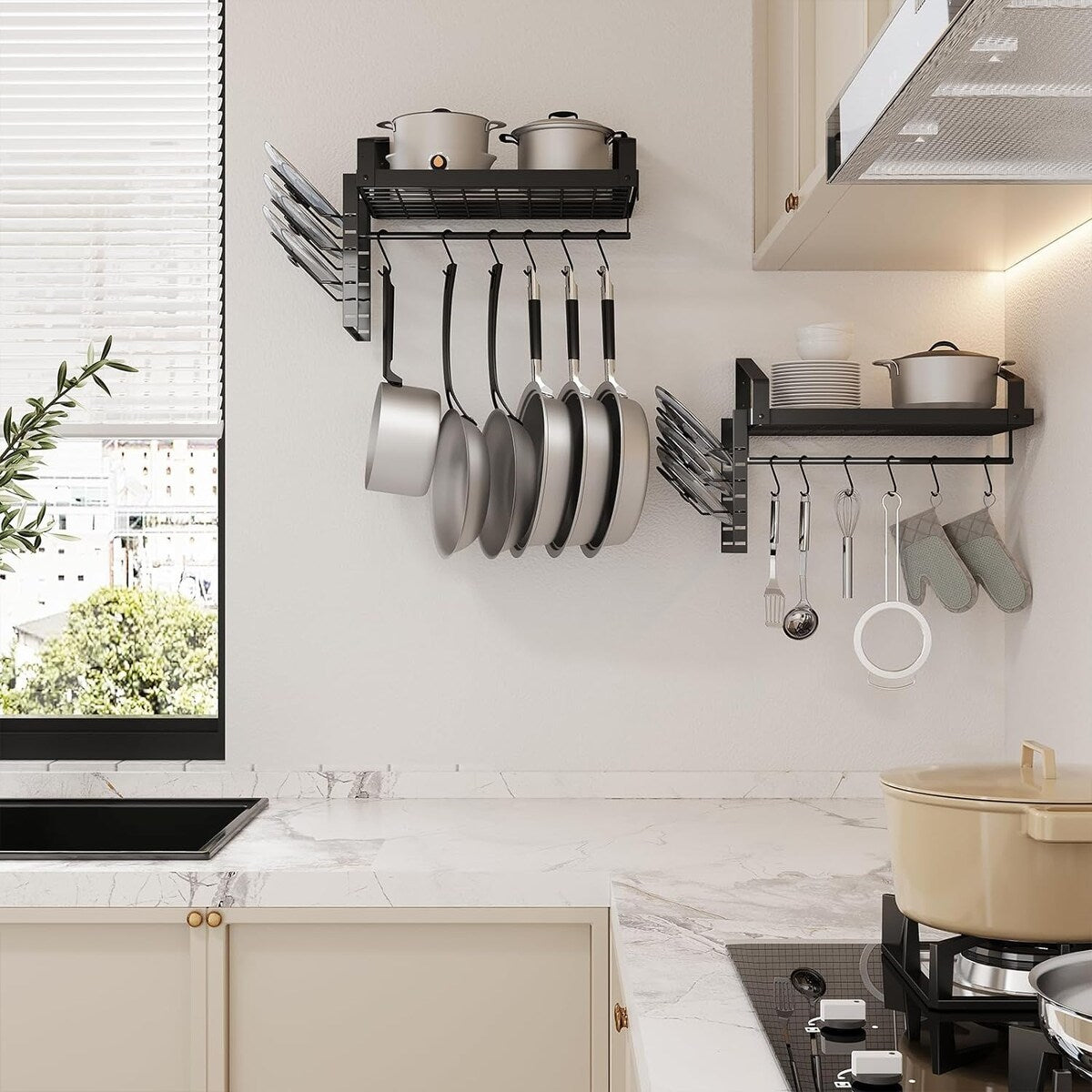 Kitchen Cookware Hanging Shelves with 12 Hooks, Pot Racks Wall Mounted Set of 2