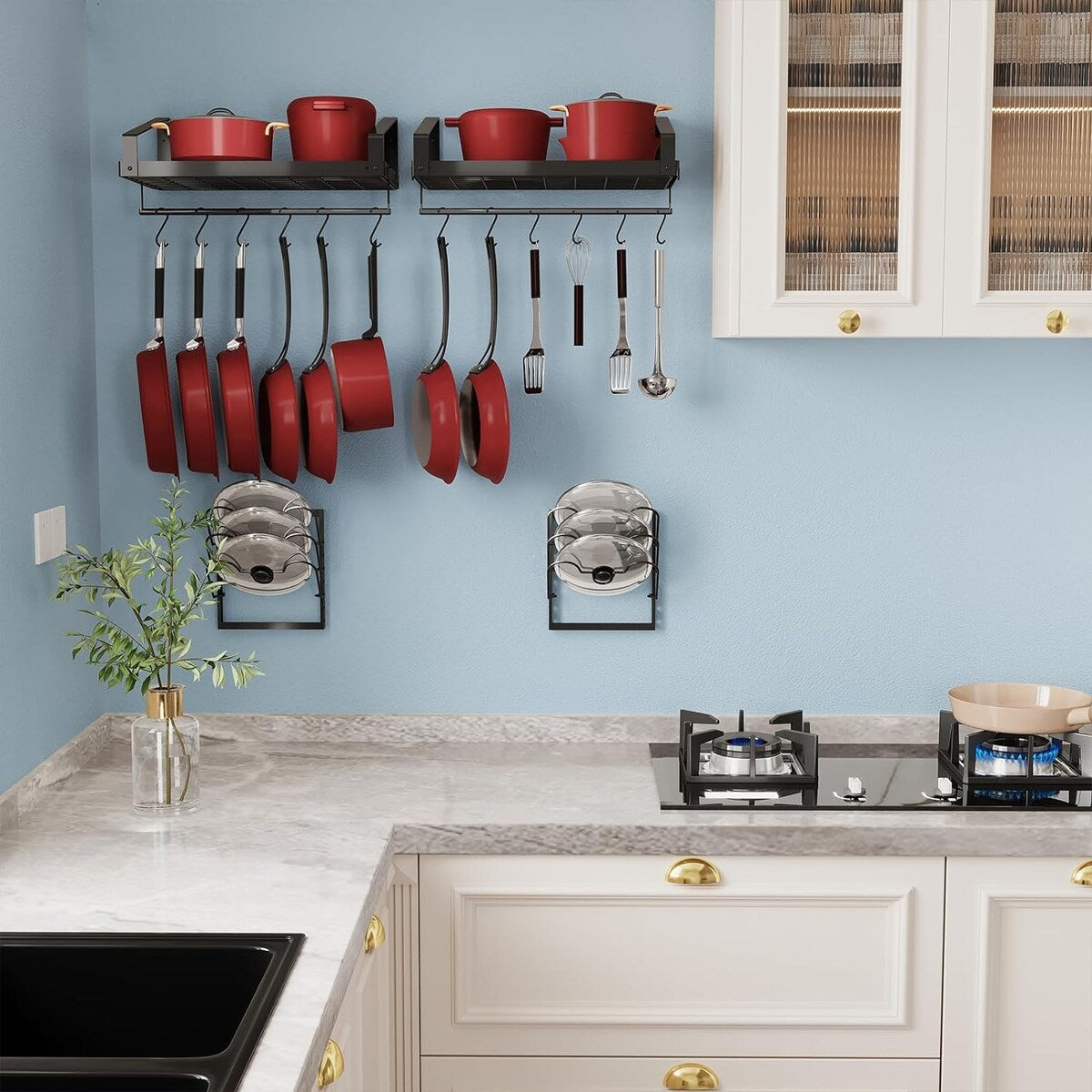 Kitchen Cookware Hanging Shelves with 12 Hooks, Pot Racks Wall Mounted Set of 2