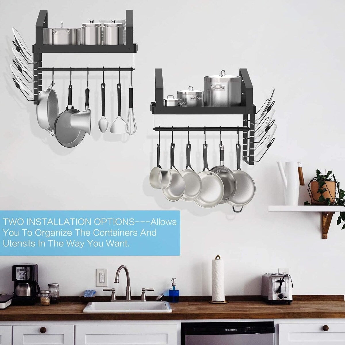Kitchen Cookware Hanging Shelves with 12 Hooks, Pot Racks Wall Mounted Set of 2