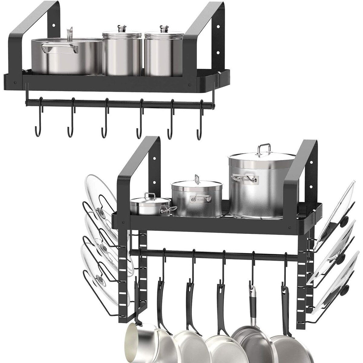 Kitchen Cookware Hanging Shelves with 12 Hooks, Pot Racks Wall Mounted Set of 2