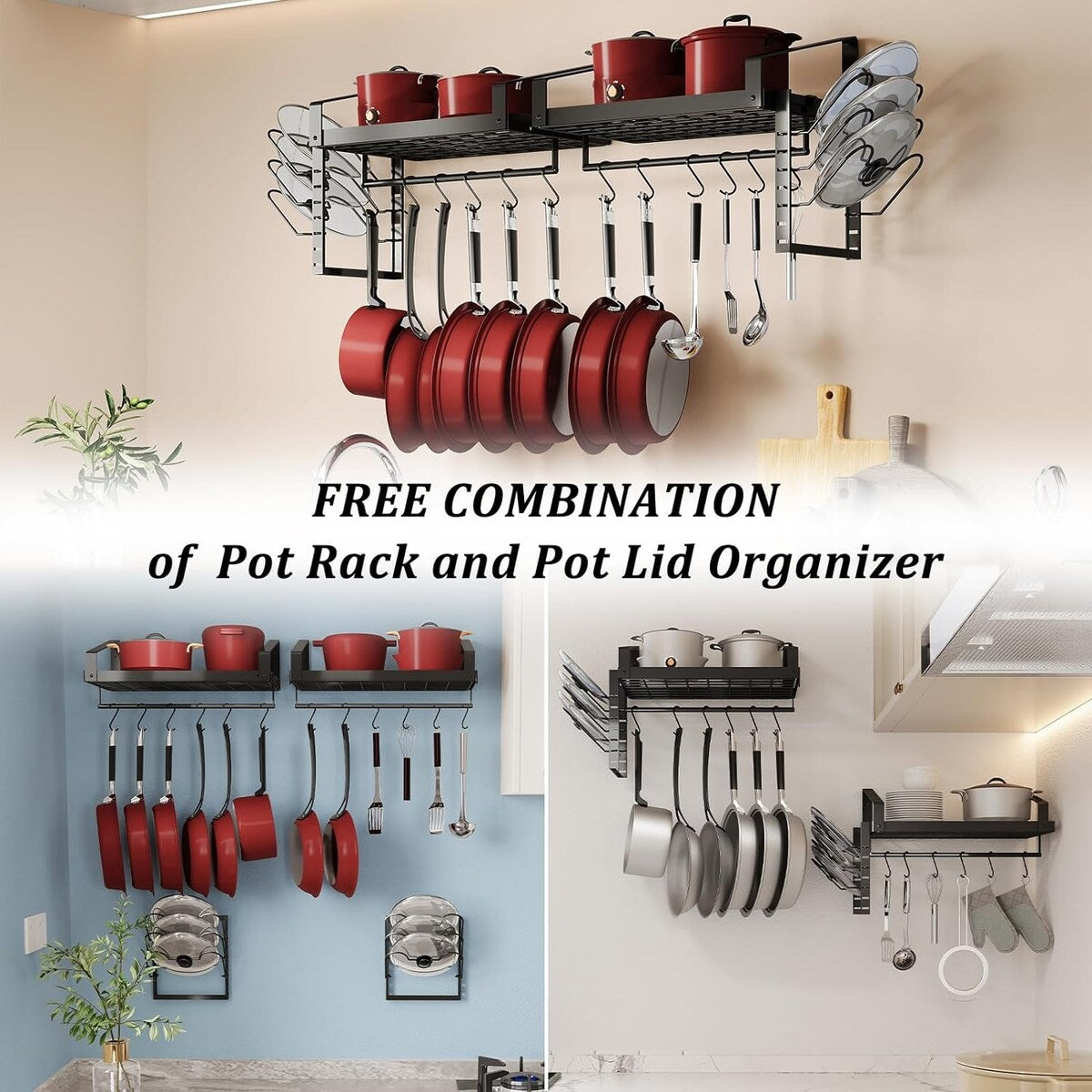 Kitchen Cookware Hanging Shelves with 12 Hooks, Pot Racks Wall Mounted Set of 2
