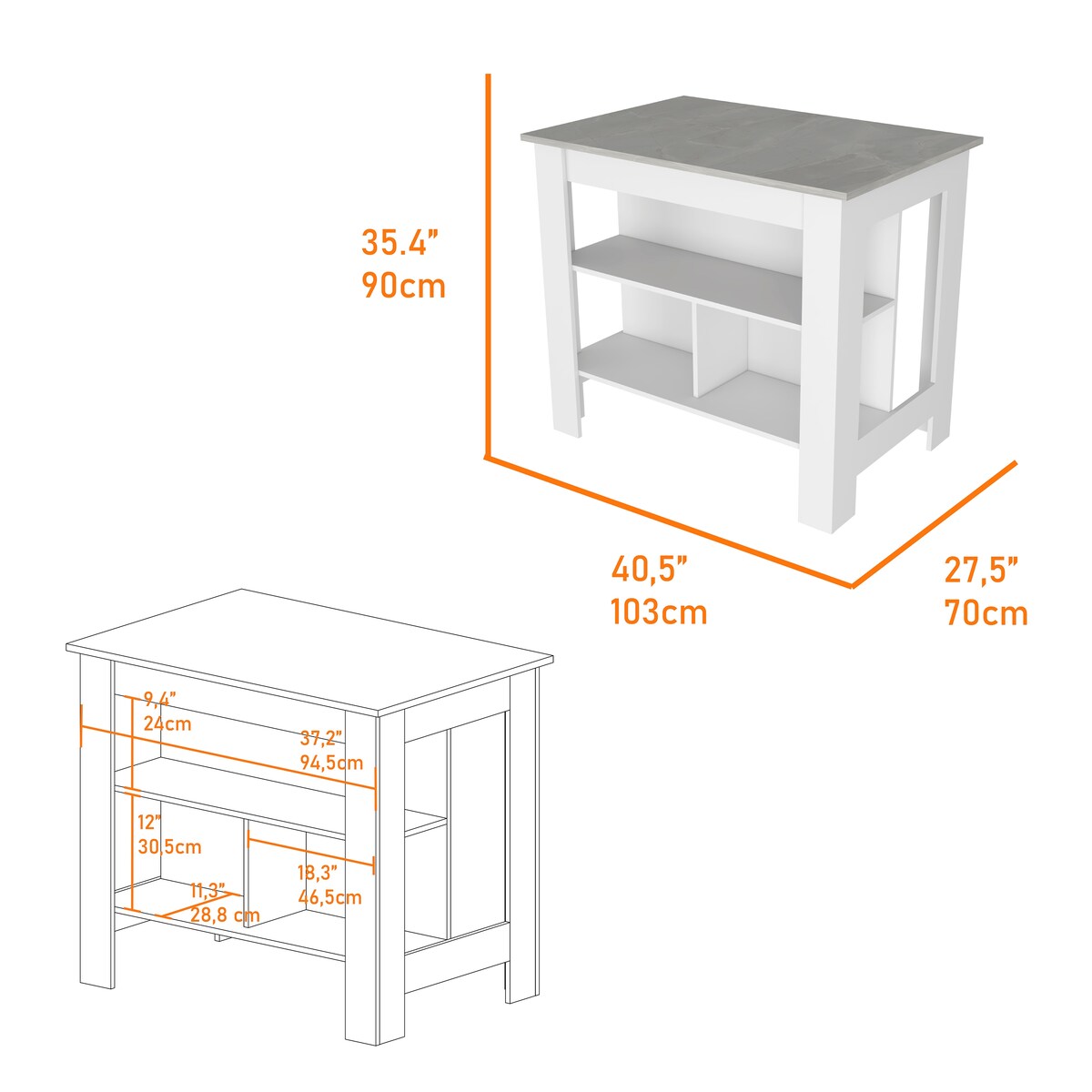 Kitchen Island Dozza, Three Shelves, White / Ibiza Marble Finish