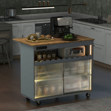 Kitchen Island with Drop Leaf, LED Light Kitchen Cart on Wheels with Power Outlets, 2 Sliding Fluted Glass Doors