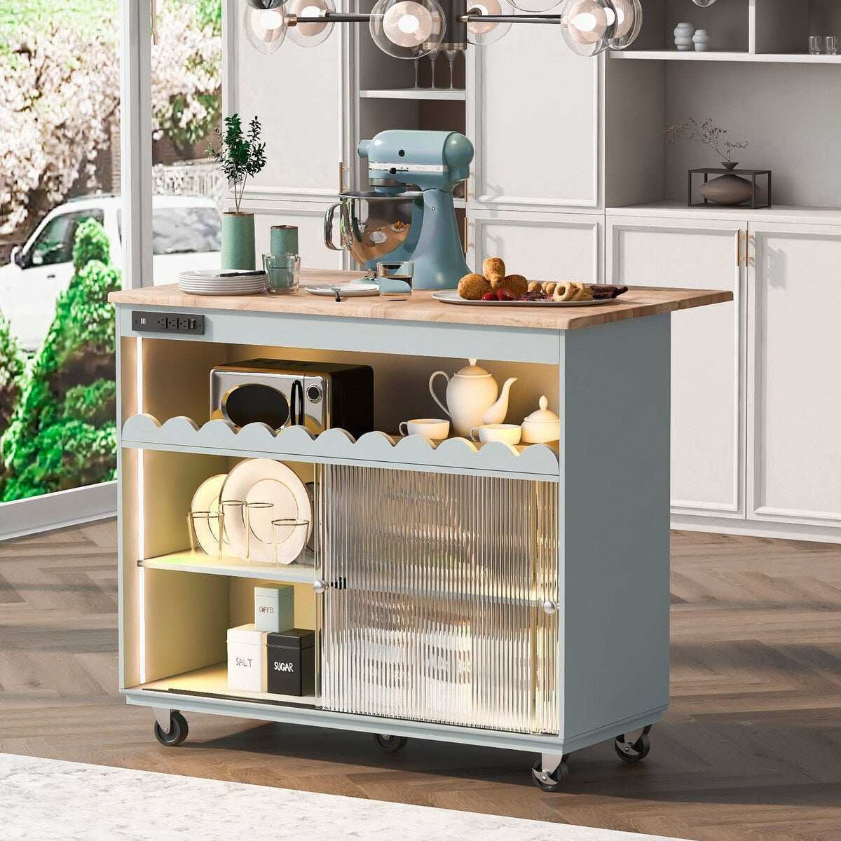 Kitchen Island with Drop Leaf, LED Light Kitchen Cart on Wheels with Power Outlets, 2 Sliding Fluted Glass Doors