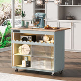 Kitchen Island with Drop Leaf, LED Light Kitchen Cart on Wheels with Power Outlets, 2 Sliding Fluted Glass Doors
