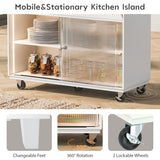 Kitchen Island with Drop Leaf, LED Light Kitchen Cart on Wheels with Power Outlets, 2 Sliding Fluted Glass Doors