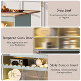 Kitchen Island with Drop Leaf, LED Light Kitchen Cart on Wheels with Power Outlets, 2 Sliding Fluted Glass Doors
