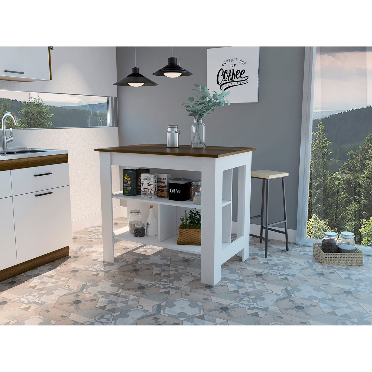 Kitchen Island with Four Legs, Three Shelves