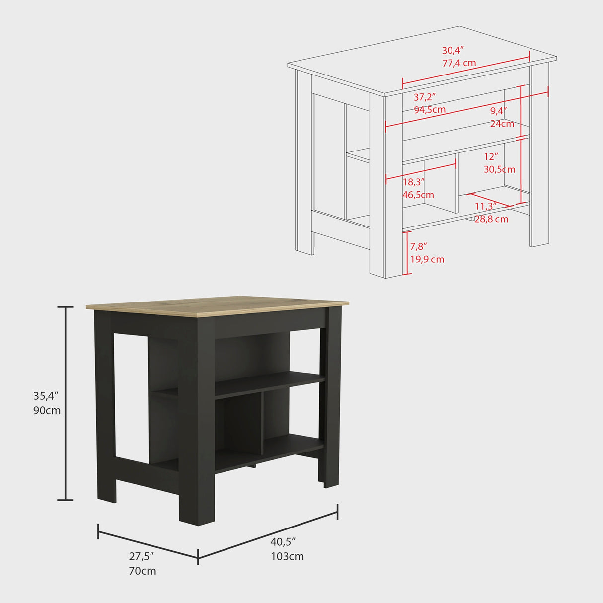 Kitchen Island with Four Legs, Three Shelves