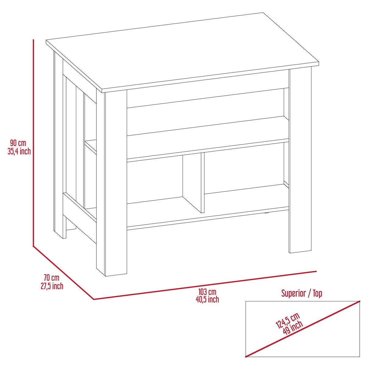 Kitchen Island with Four Legs, Three Shelves