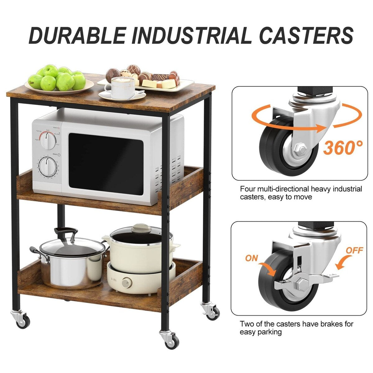 Kitchen Microwave Cart, 3 Tier Rolling Kitchen Utility Cart on Wheels Coffee Cart, Microwave Kitchen Islands Cart with Storage