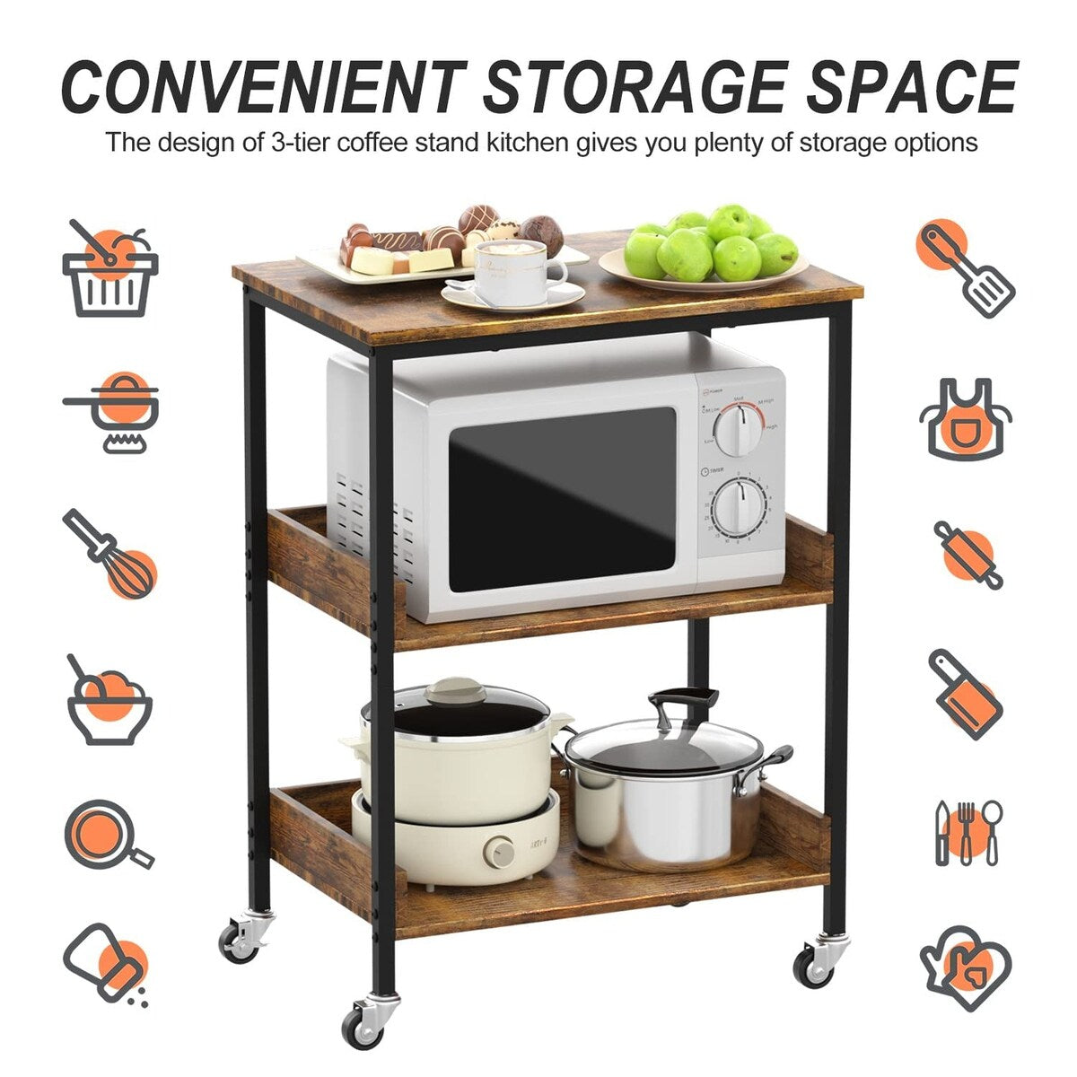 Kitchen Microwave Cart, 3 Tier Rolling Kitchen Utility Cart on Wheels Coffee Cart, Microwave Kitchen Islands Cart with Storage