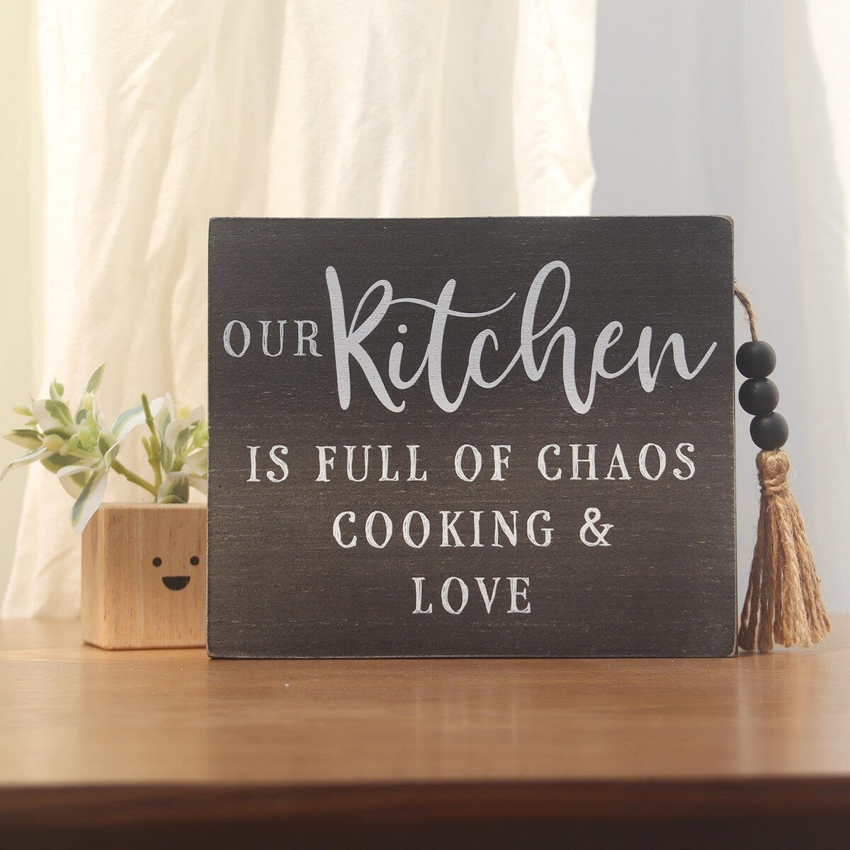 Kitchen Sign Tabletop Decor with Wooden Beads and Tassels