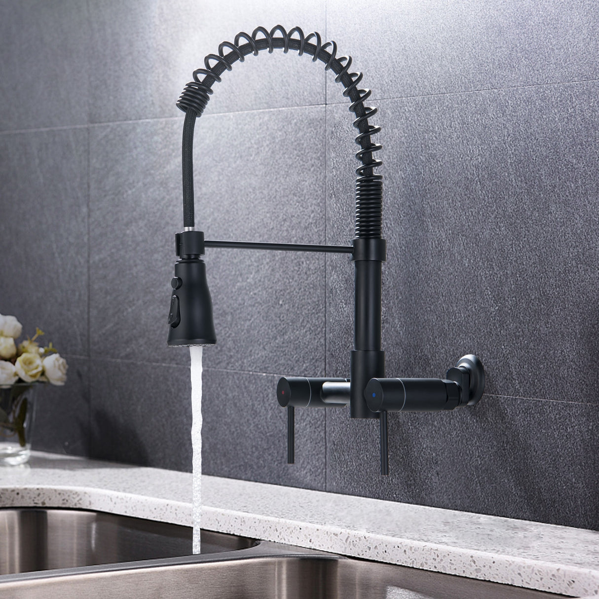 Wall Mounted Pull Down Two Handle Kitchen Faucet In Matte Black