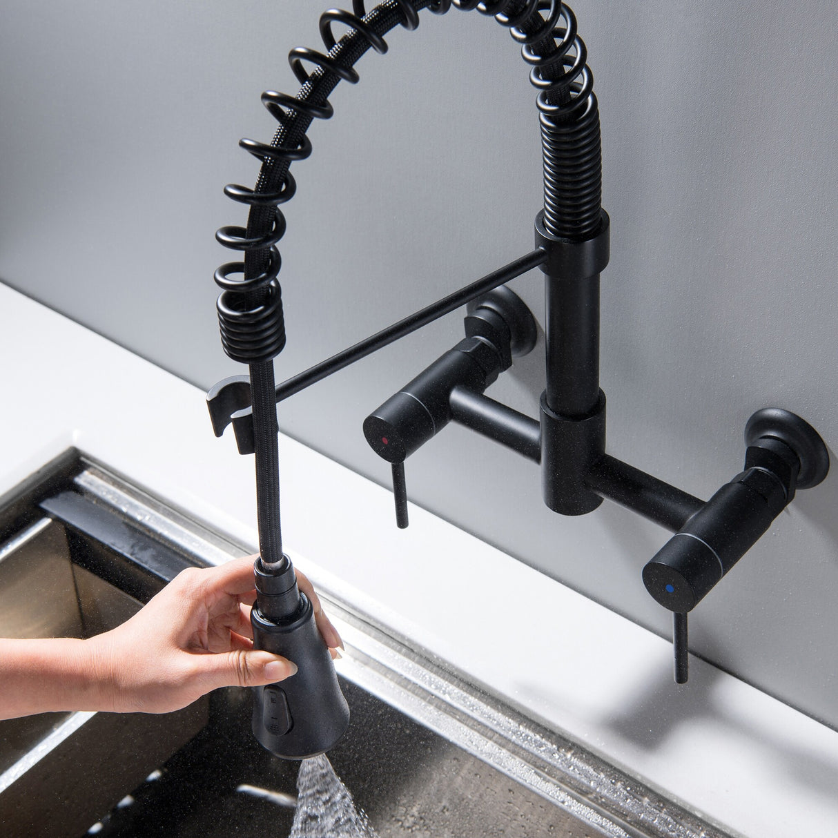 Wall Mounted Pull Down Two Handle Kitchen Faucet In Matte Black