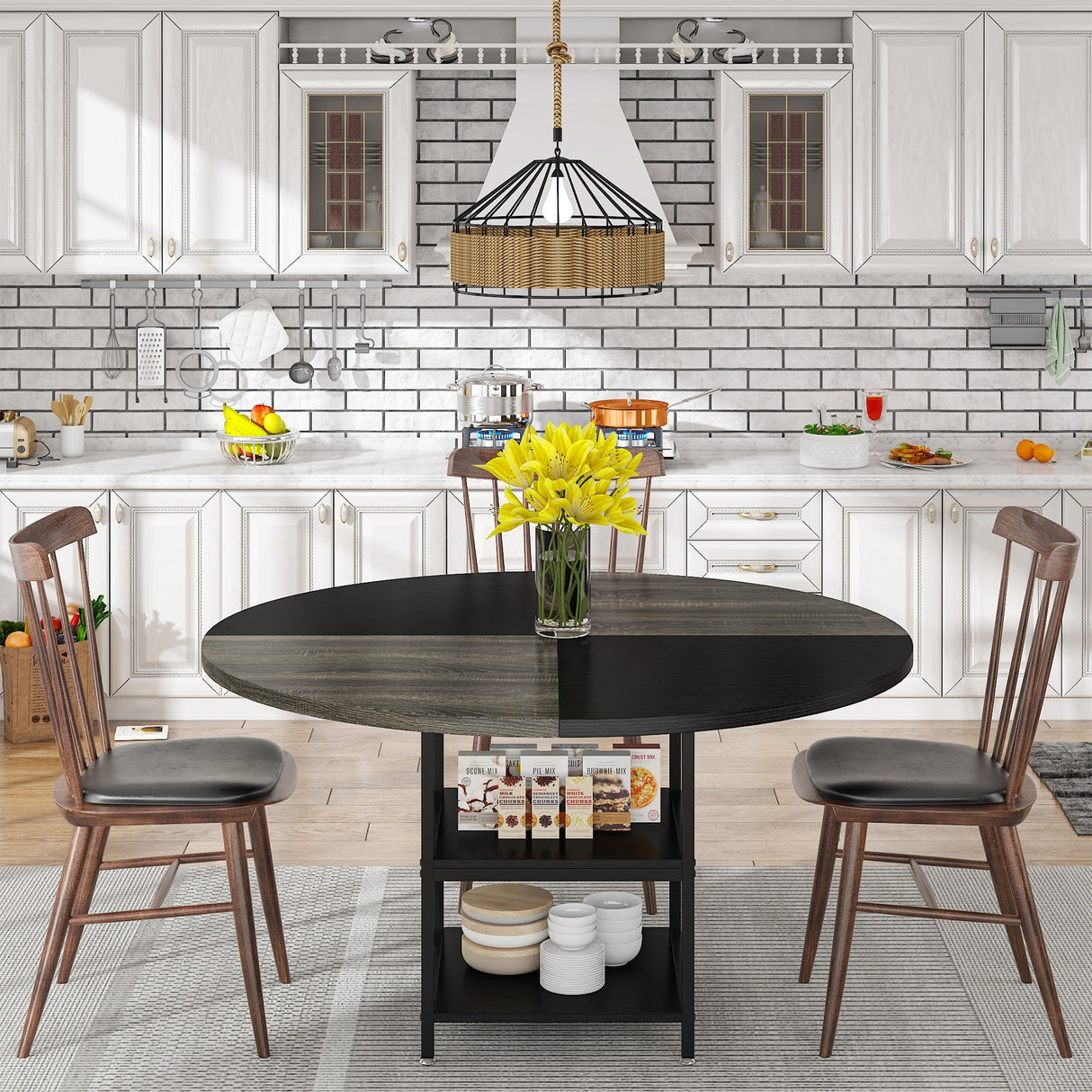 Kitchen Table Dining Table for 4 with Storage Shelf Metal Legs Wood Table Top for Home Dining Room Living Room