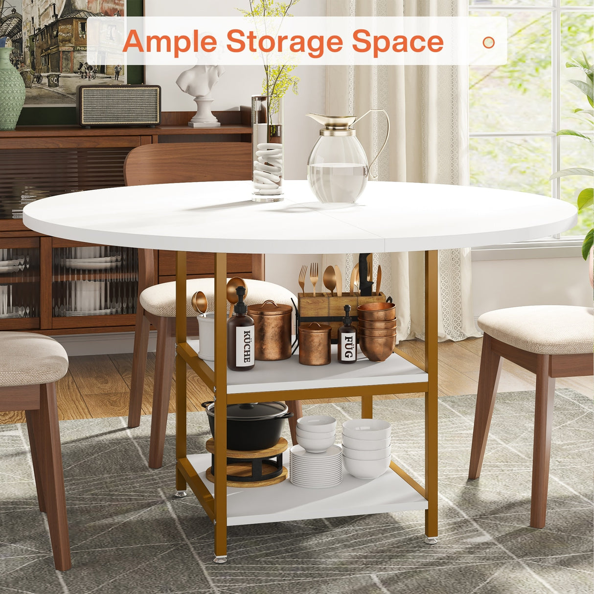 Kitchen Table Dining Table for 4 with Storage Shelf Metal Legs Wood Table Top for Home Dining Room Living Room