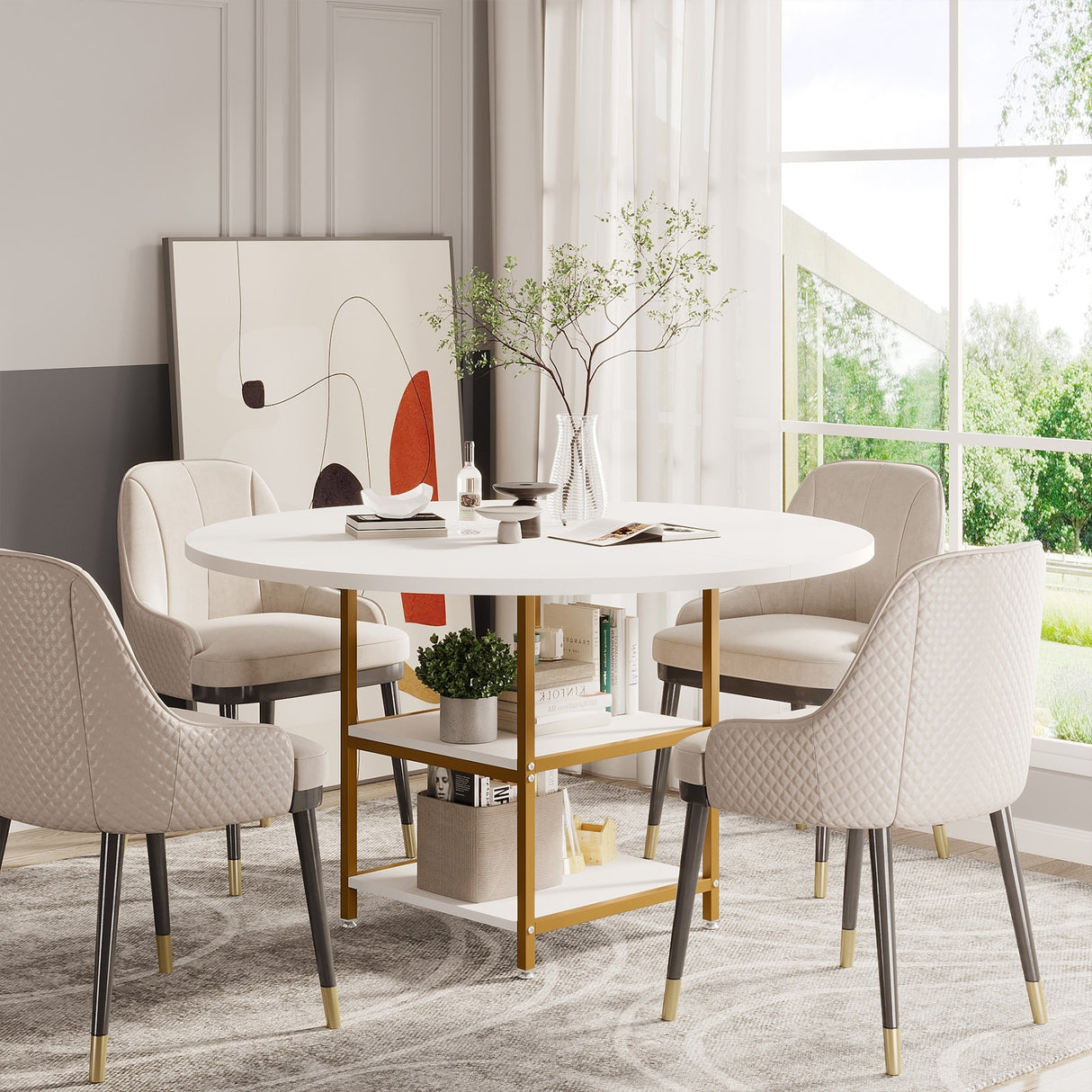 Kitchen Table Dining Table for 4 with Storage Shelf Metal Legs Wood Table Top for Home Dining Room Living Room