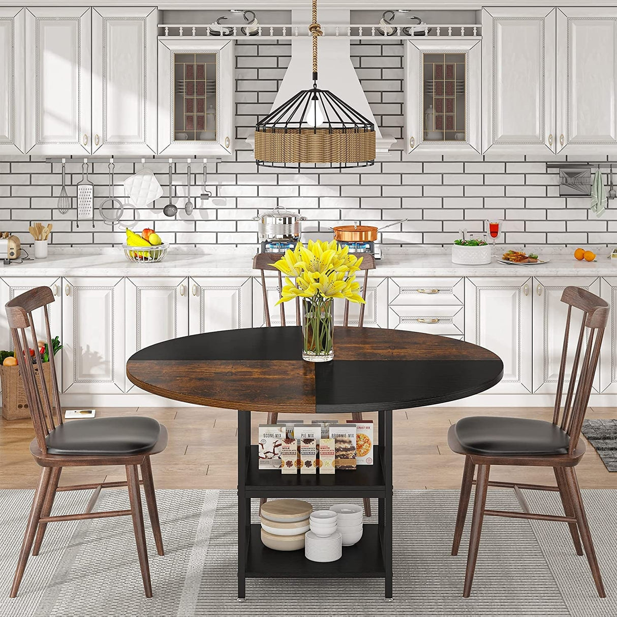 Kitchen Table Dining Table for 4 with Storage Shelf Metal Legs Wood Table Top for Home Dining Room Living Room