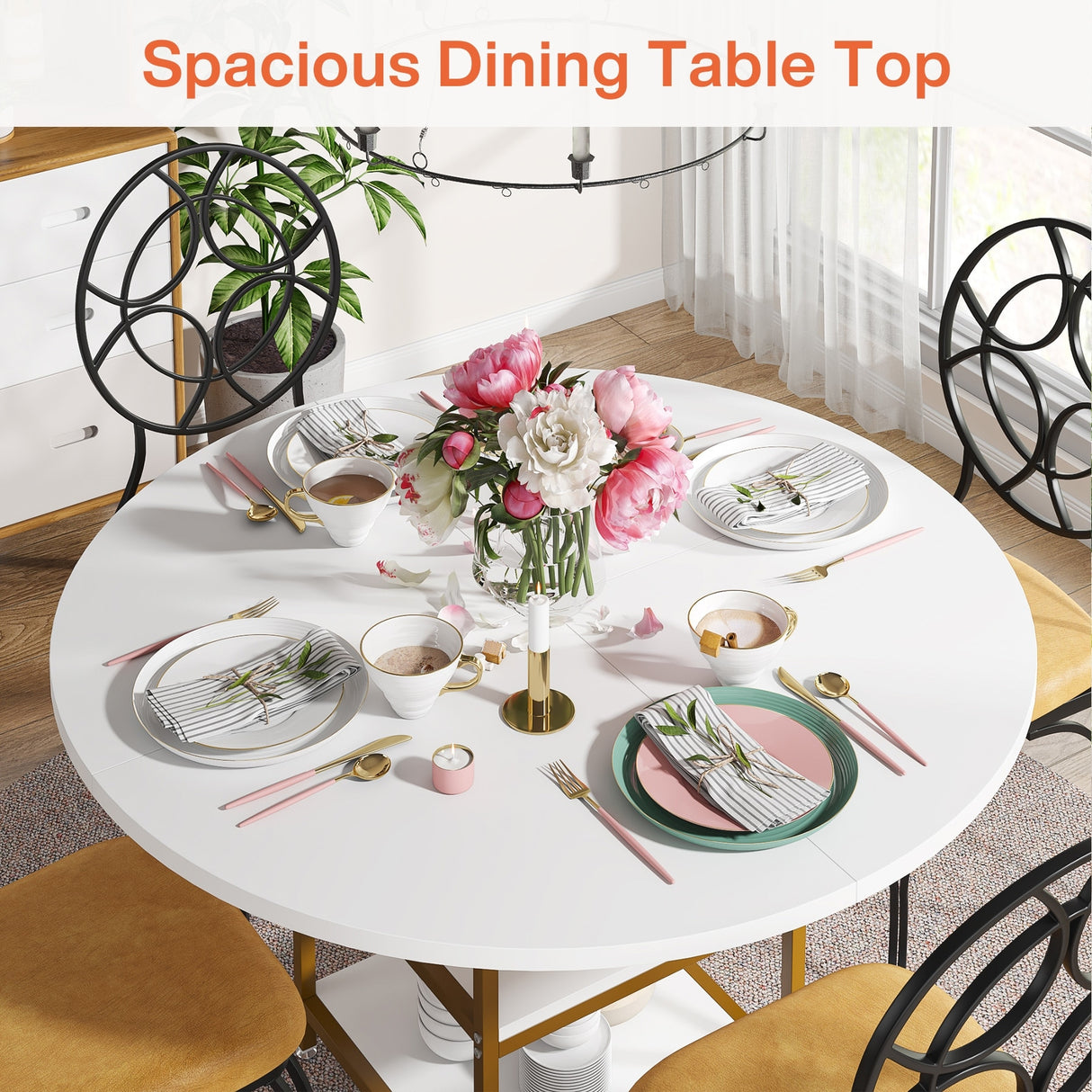 Kitchen Table Dining Table for 4 with Storage Shelf Metal Legs Wood Table Top for Home Dining Room Living Room
