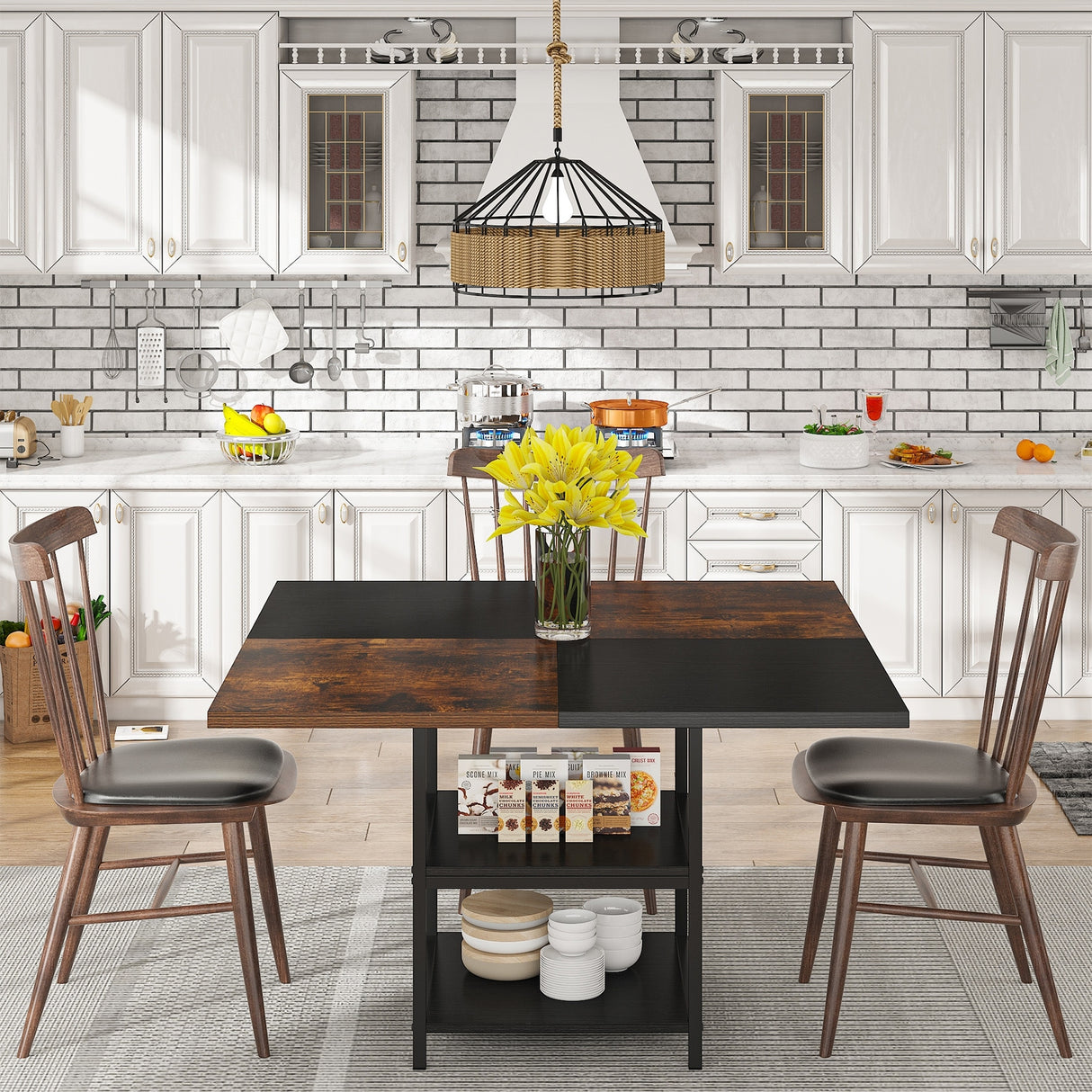 Kitchen Table Dining Table for 4 with Storage Shelf Metal Legs Wood Table Top for Home Dining Room Living Room