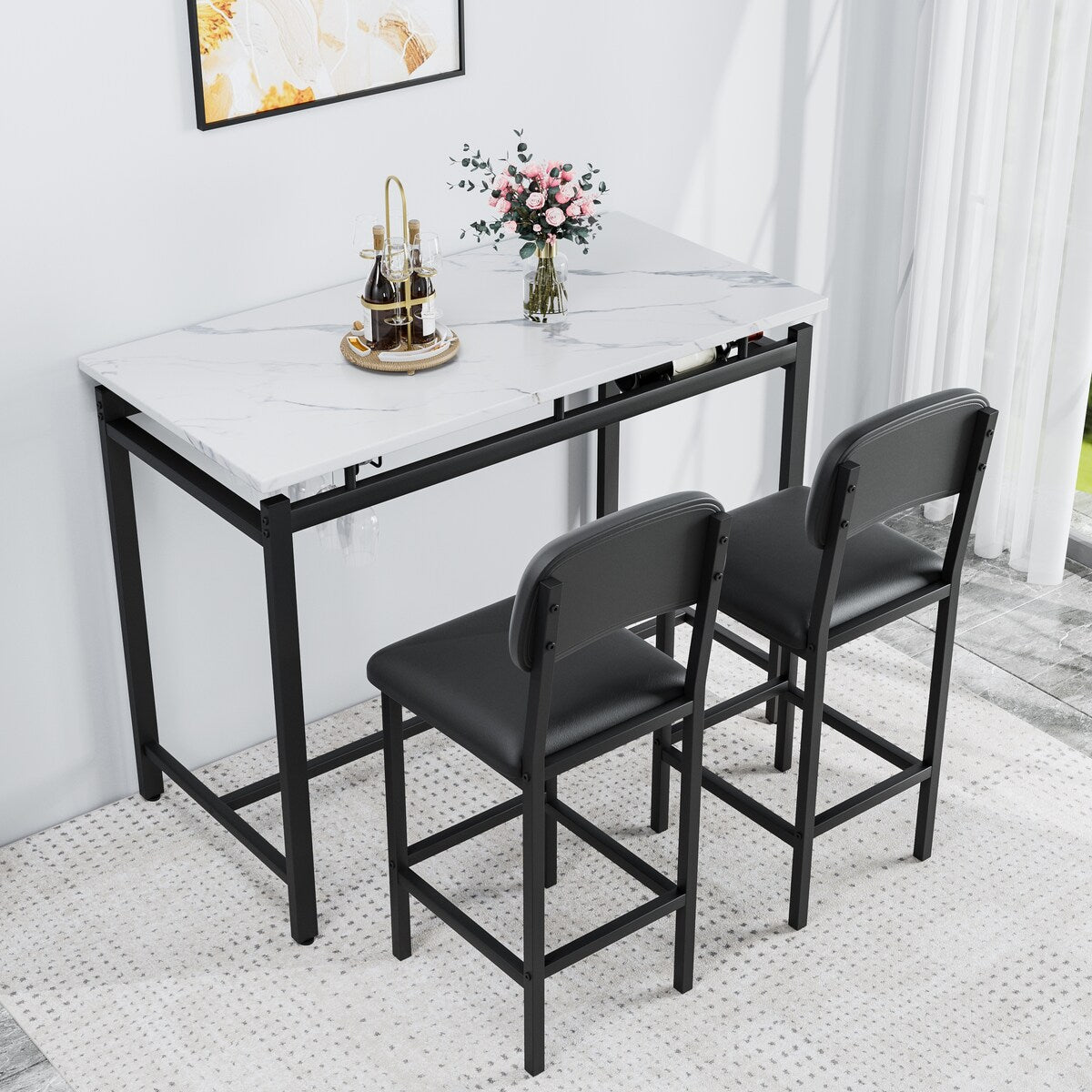Kitchen Table Set, Dining Table and Chairs for 2, 3 Piece Dining Room Table Set with 2 Upholstered Chairs, Bar Dining Table Set