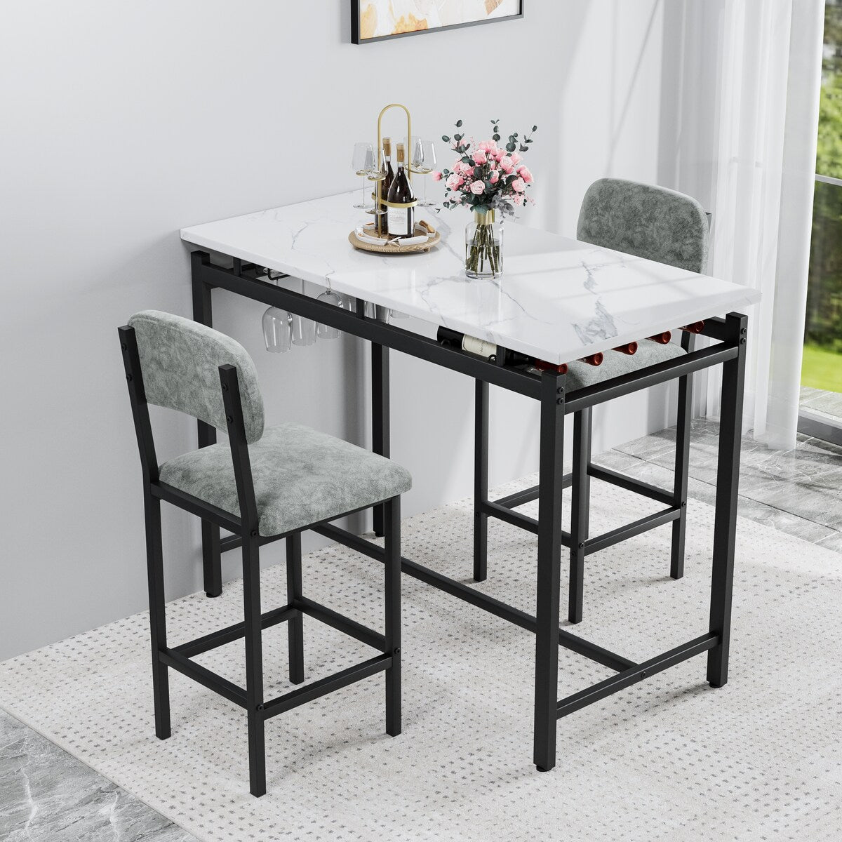Kitchen Table Set, Dining Table and Chairs for 2, 3 Piece Dining Room Table Set with 2 Upholstered Chairs, Bar Dining Table Set