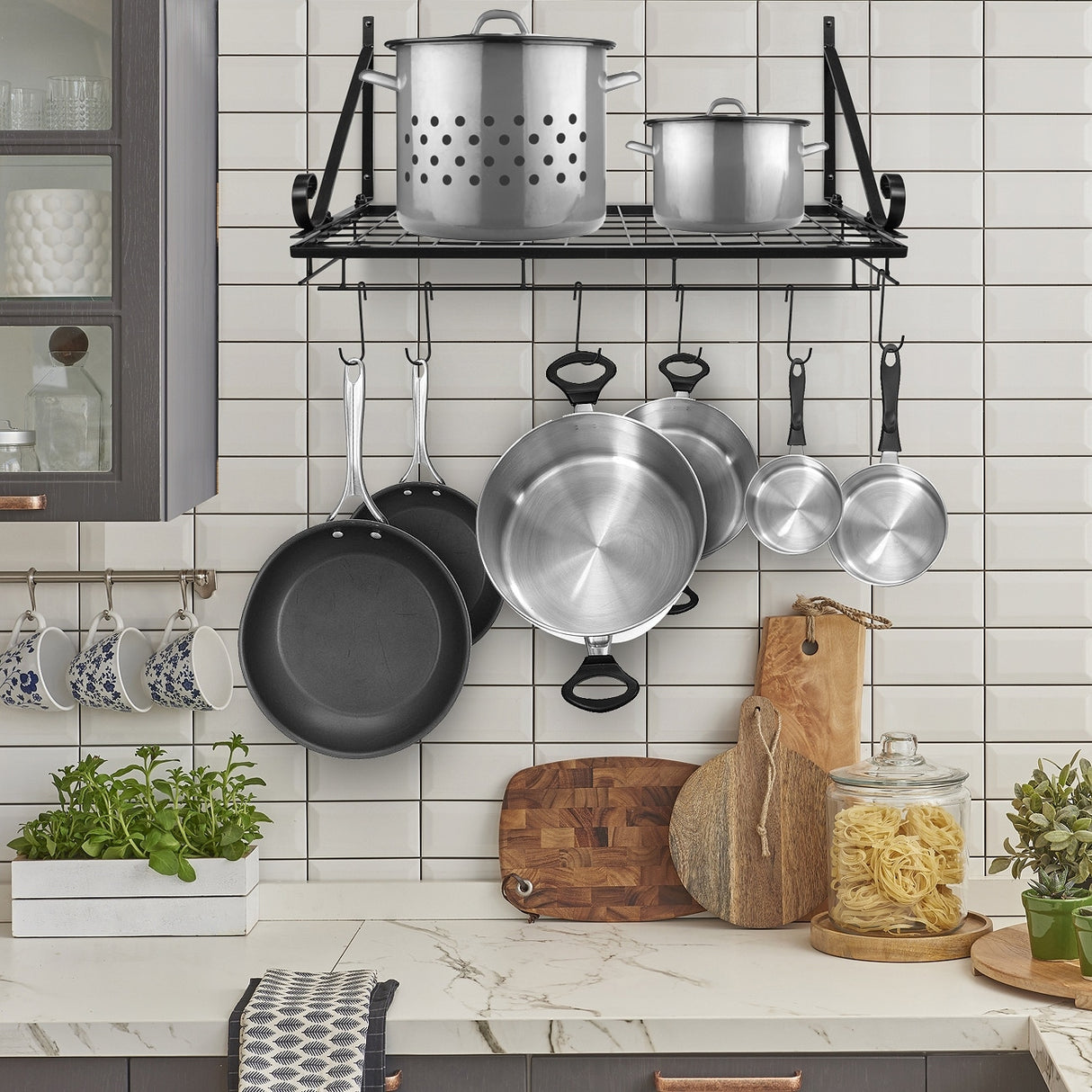 Kitchen Wall Pot Pan Rack,With 10 Hooks,Black