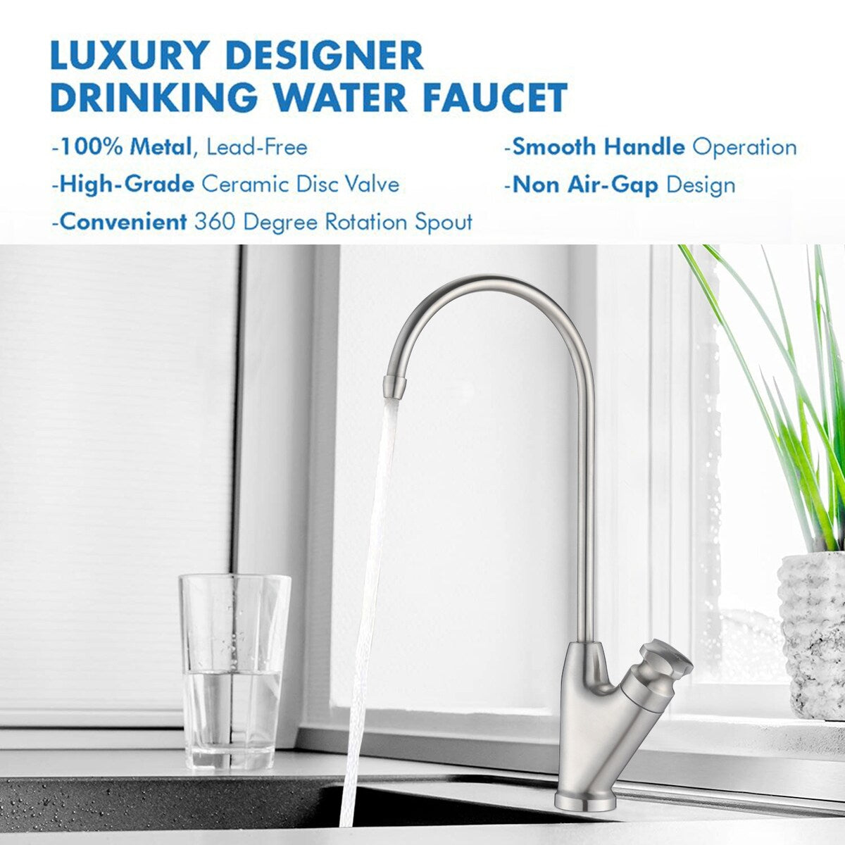 Kitchen Water Lead-Free Drinking Filter Faucet, Stainless Steel Finish - 4.92*8.82*11.34