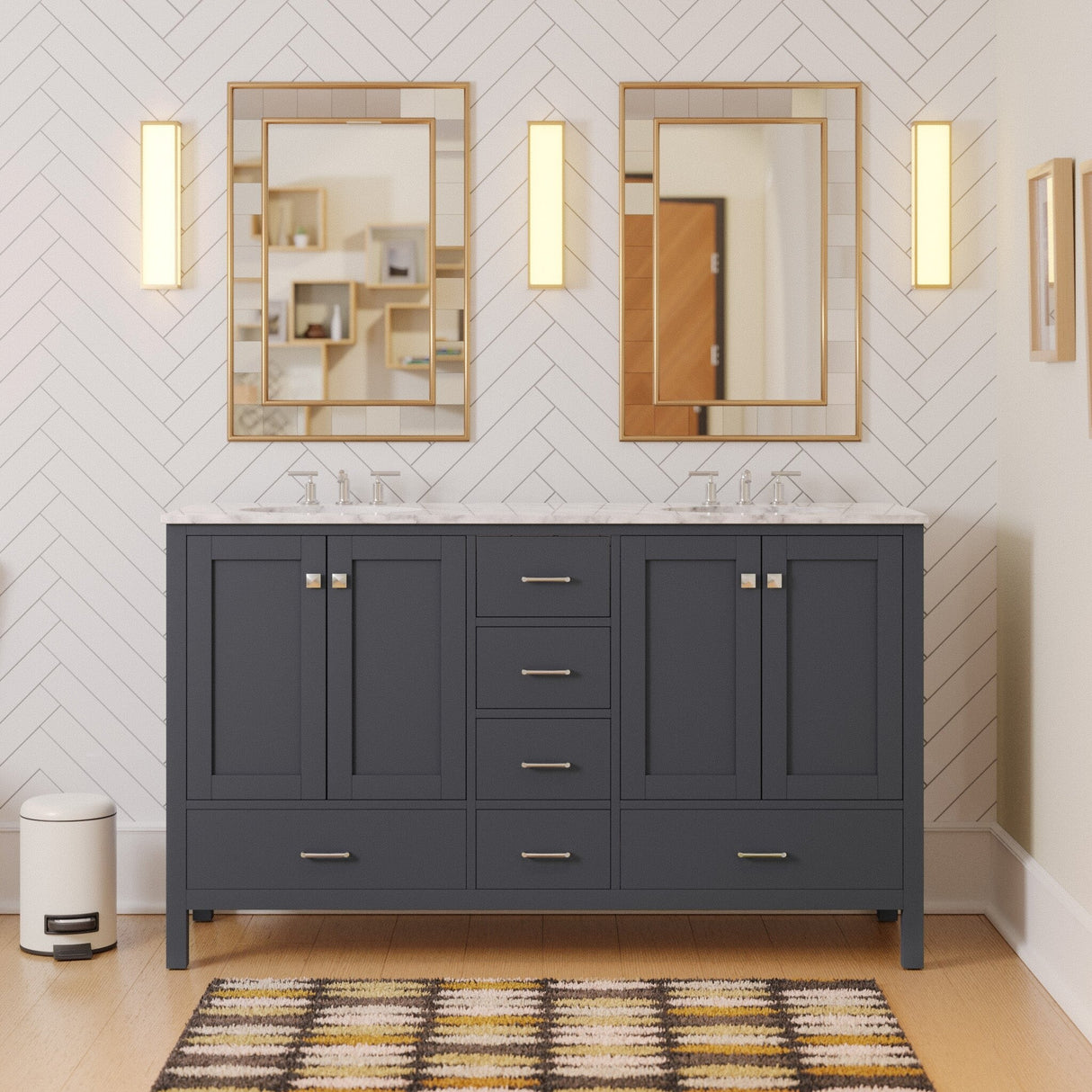 KitchenBathCollection Horizon 60" Double Bathroom Vanity with Carrara Marble Top