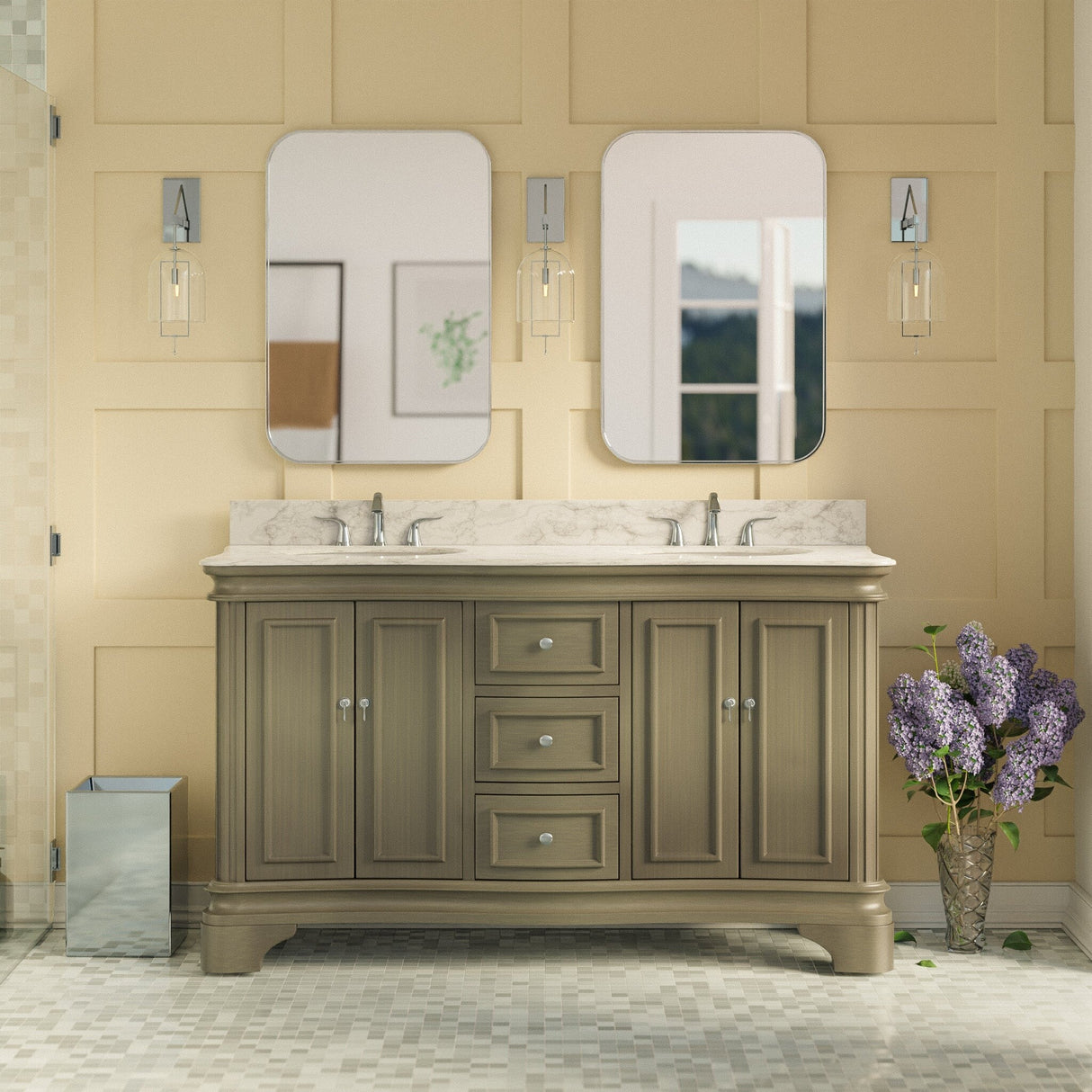 KitchenBathCollection Katherine 60" Double Bathroom Vanity with Carrara Marble Top