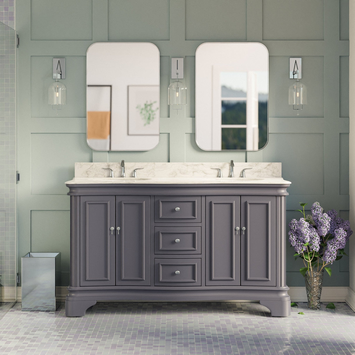 KitchenBathCollection Katherine 60" Double Bathroom Vanity with Carrara Marble Top