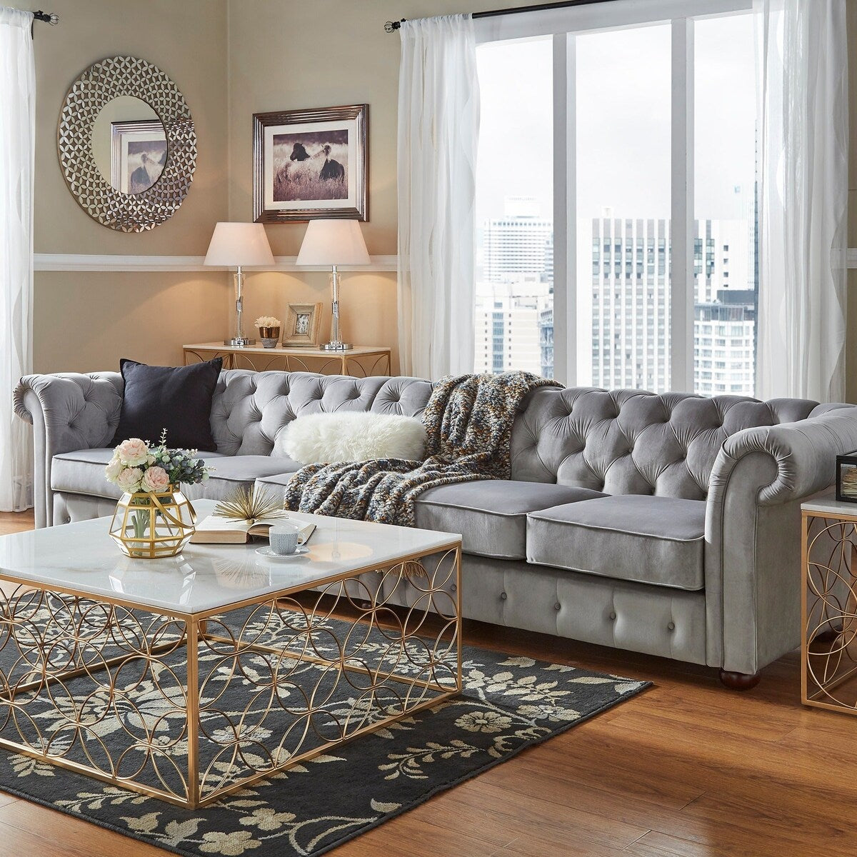 Knightsbridge Light-grey Extra Long Chesterfield Sofa by iNSPIRE Q Artisan