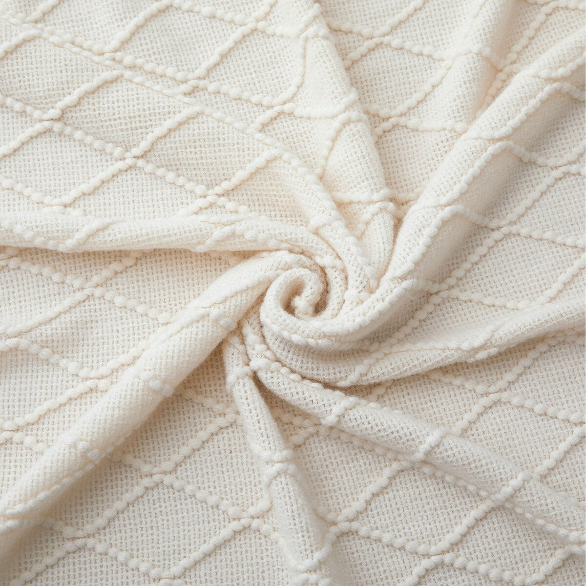 Knited Diamond Throw with Fringe Cream