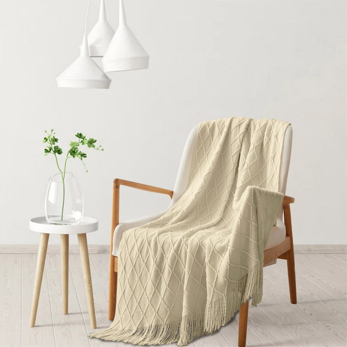 Knited Diamond Throw with Fringe Cream