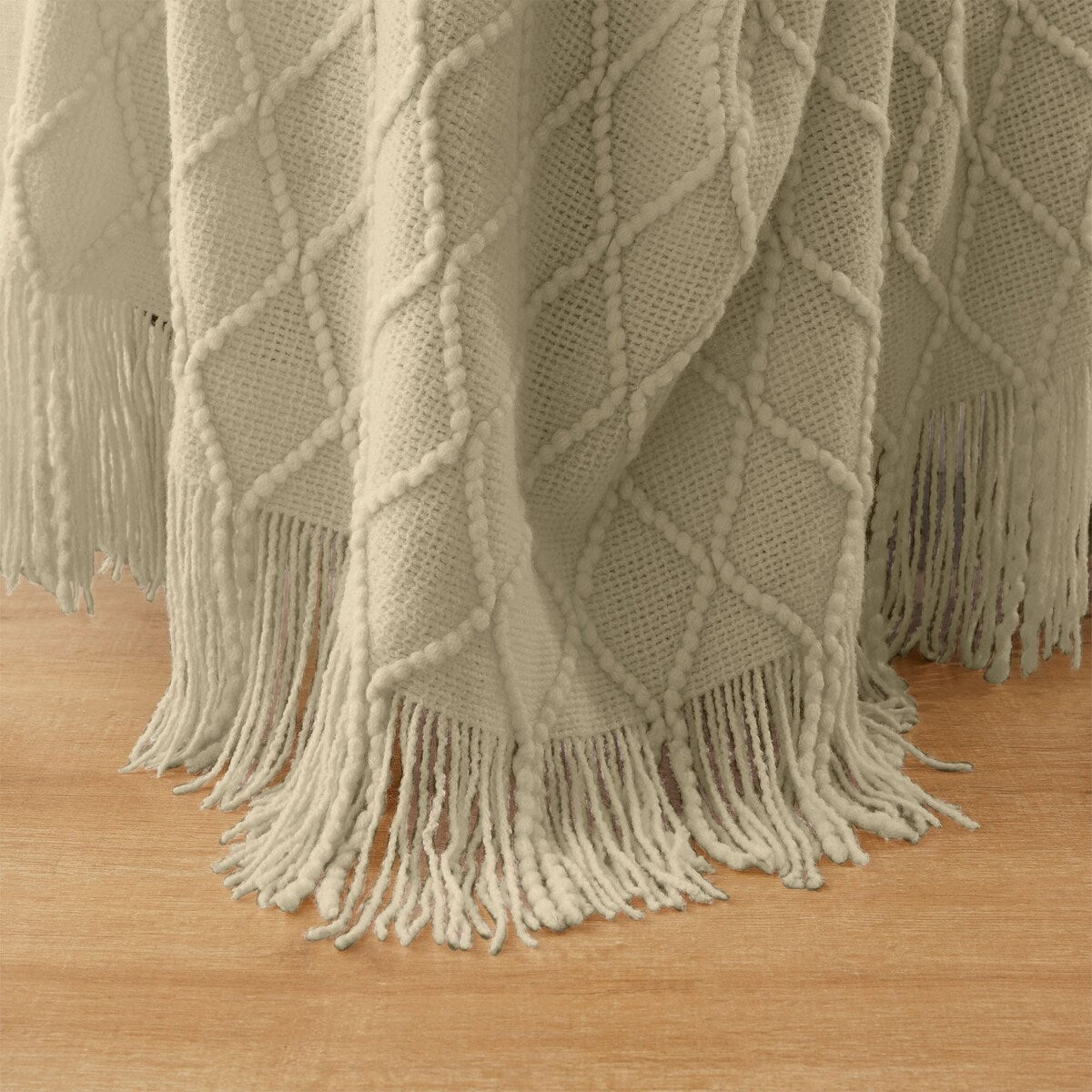 Knited Diamond Throw with Fringe Cream