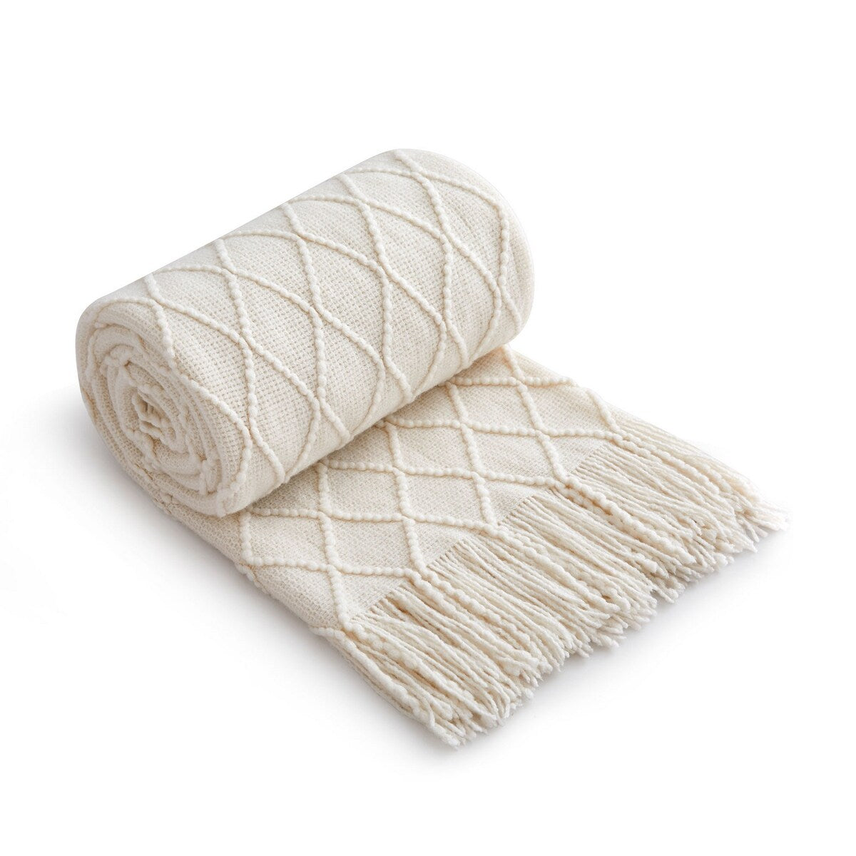 Knited Diamond Throw with Fringe Cream