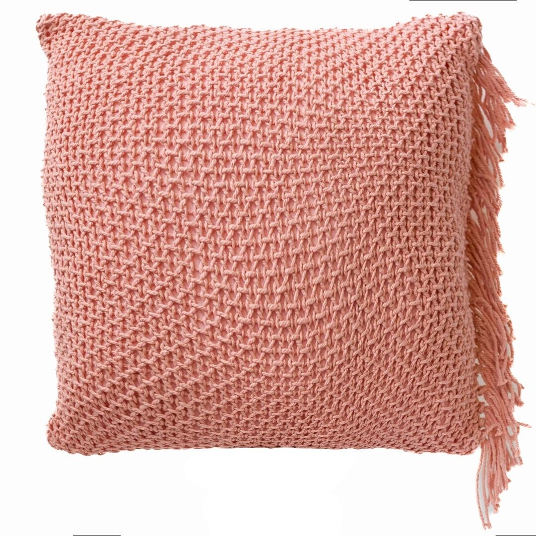 Knitted Square Pink With Tassels On One Side Cushion Cover