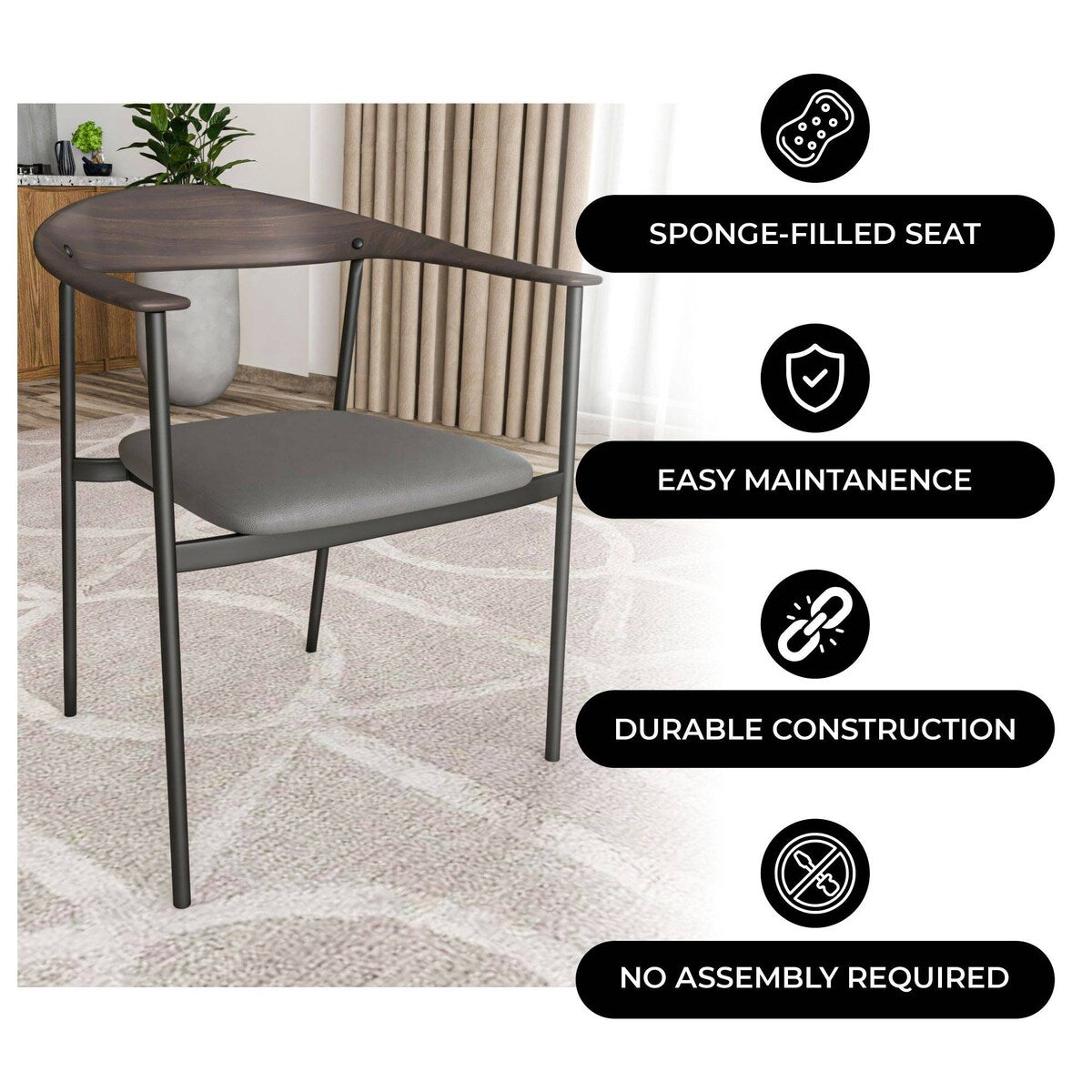 Kora Upholstered Faux Leather Dining Arm Chair with Powder Coated Steel Legs by LeisureMod