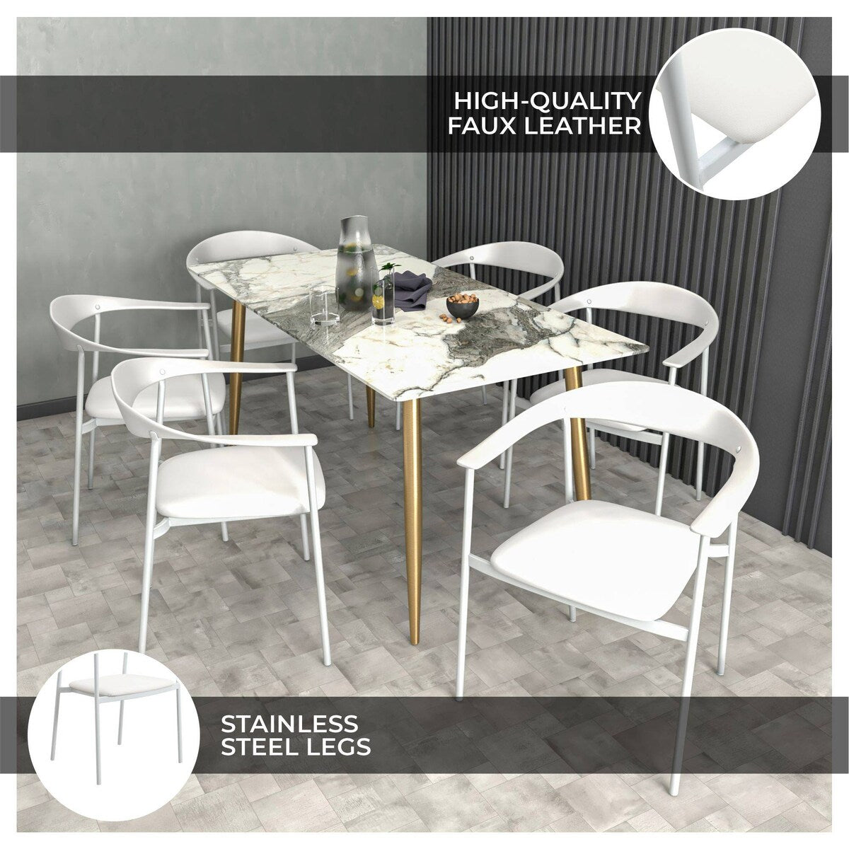 Kora Upholstered Faux Leather Dining Arm Chair with Powder Coated Steel Legs by LeisureMod