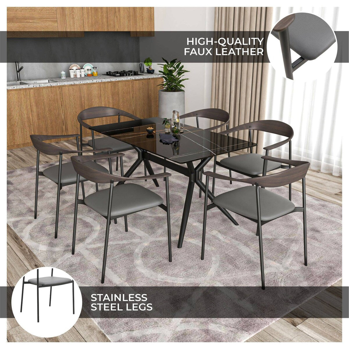 Kora Upholstered Faux Leather Dining Arm Chair with Powder Coated Steel Legs by LeisureMod