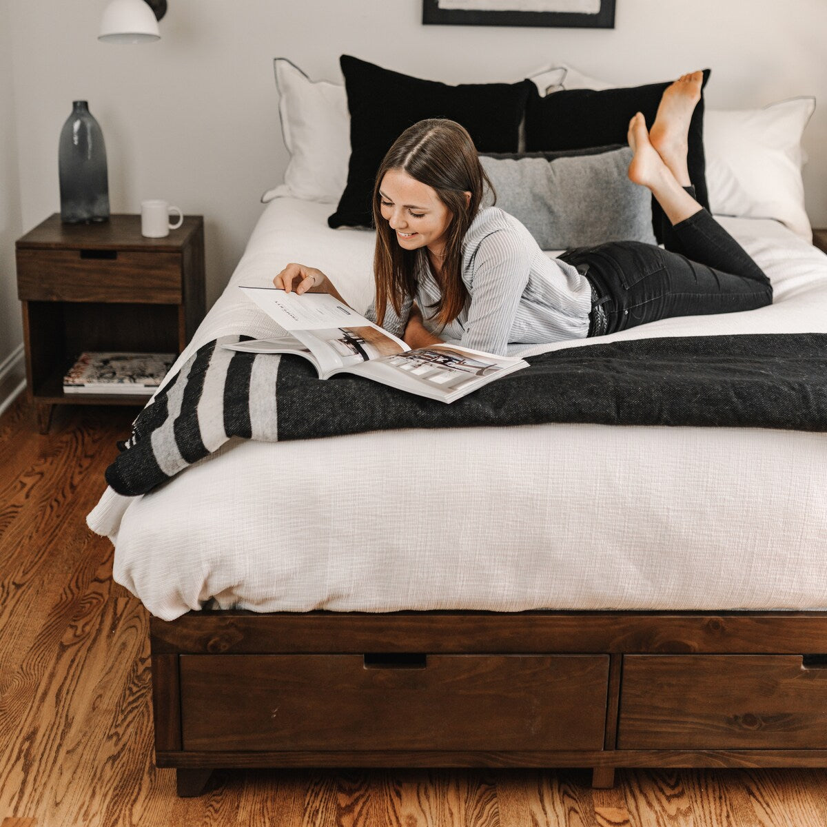 Kotter Home Solid Wood Walnut Platform Storage Bed