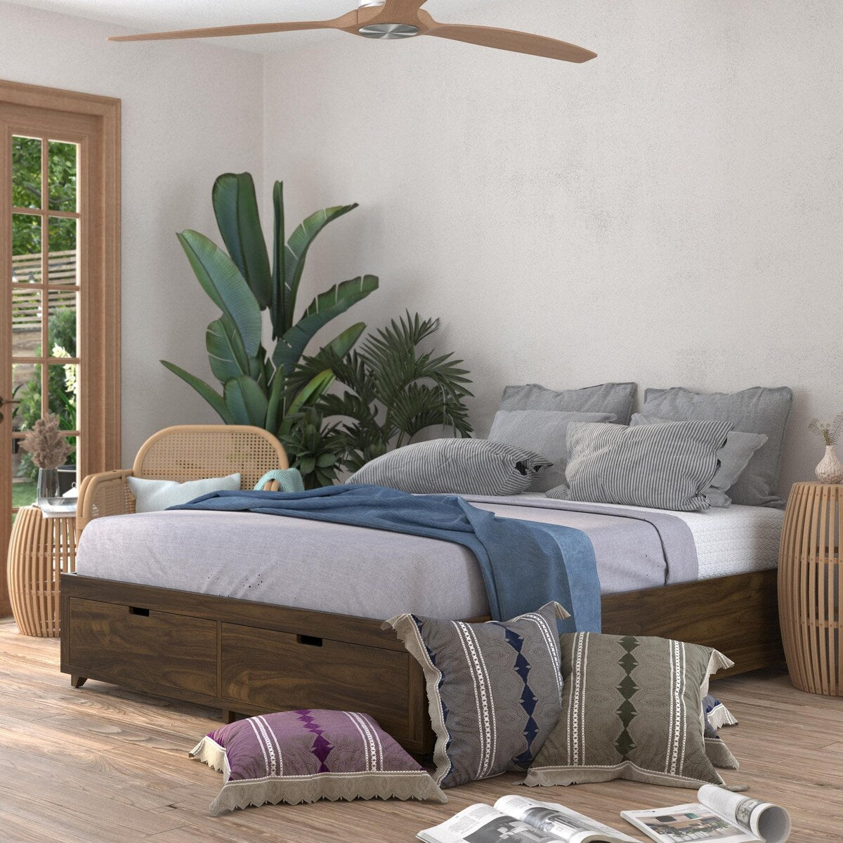 Kotter Home Solid Wood Walnut Platform Storage Bed