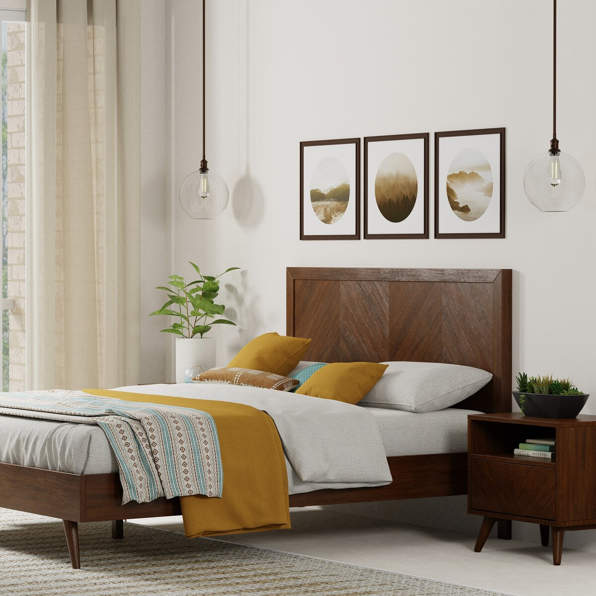 Kotter Home Wood Chevron Bed Frame with Headboard