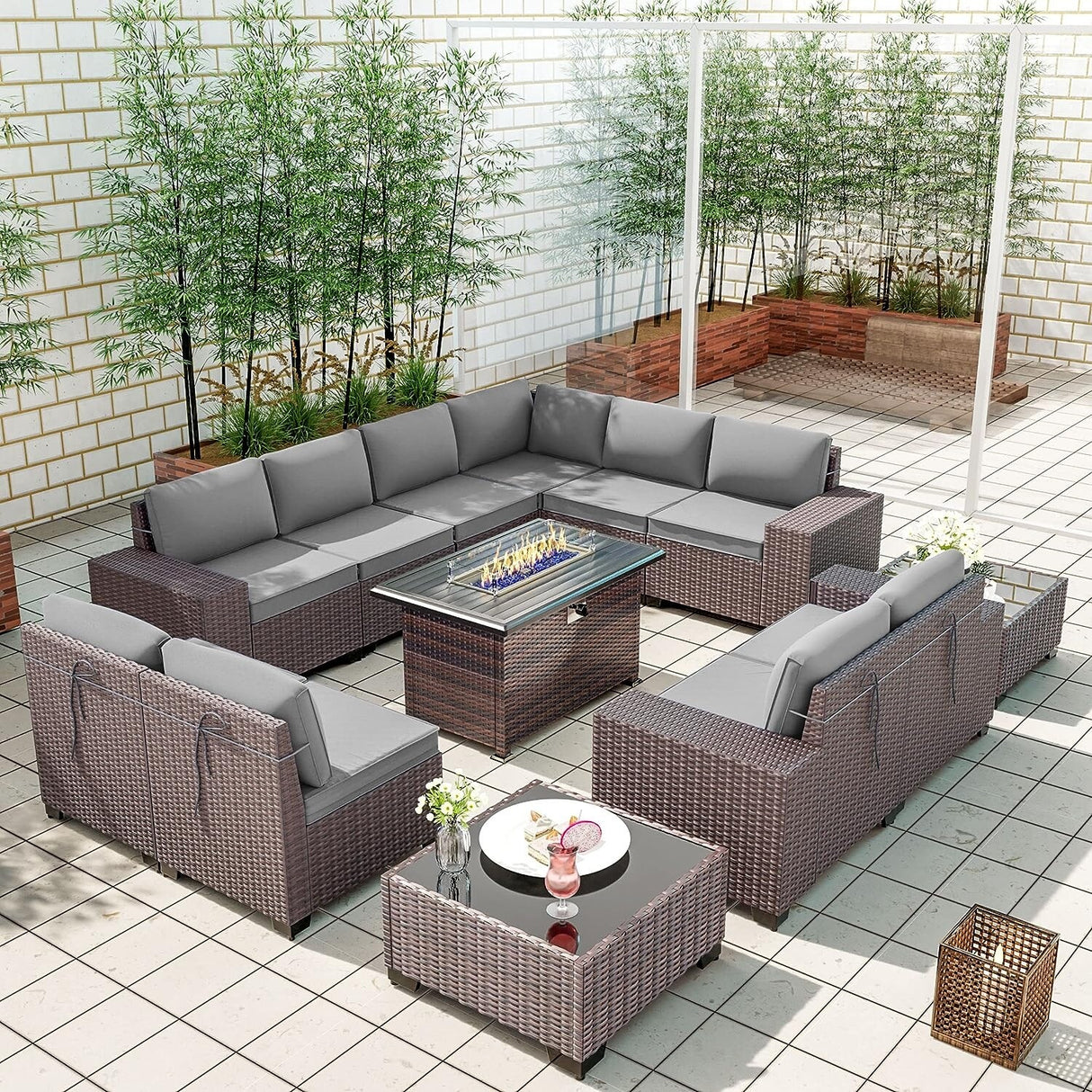 Delnavik 13 Pieces Outdoor Patio Furniture Set with Fire Pit Table w/ Wide Armrests
