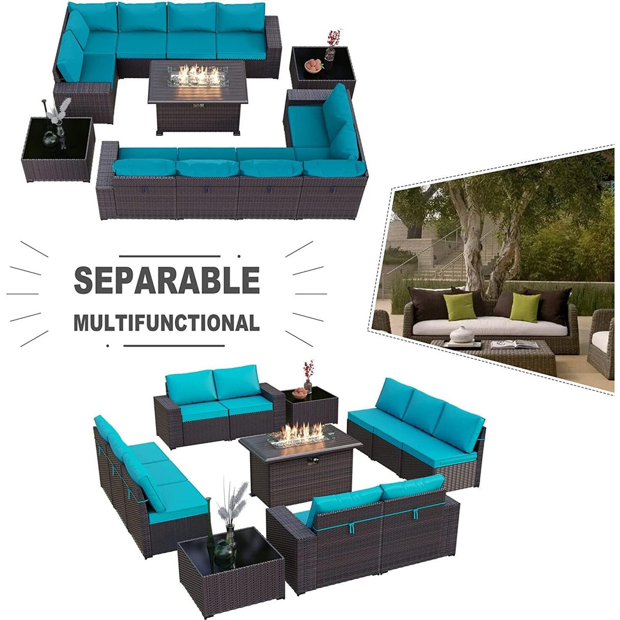 Delnavik 13 Pieces Outdoor Patio Furniture Set with Fire Pit Table w/ Wide Armrests