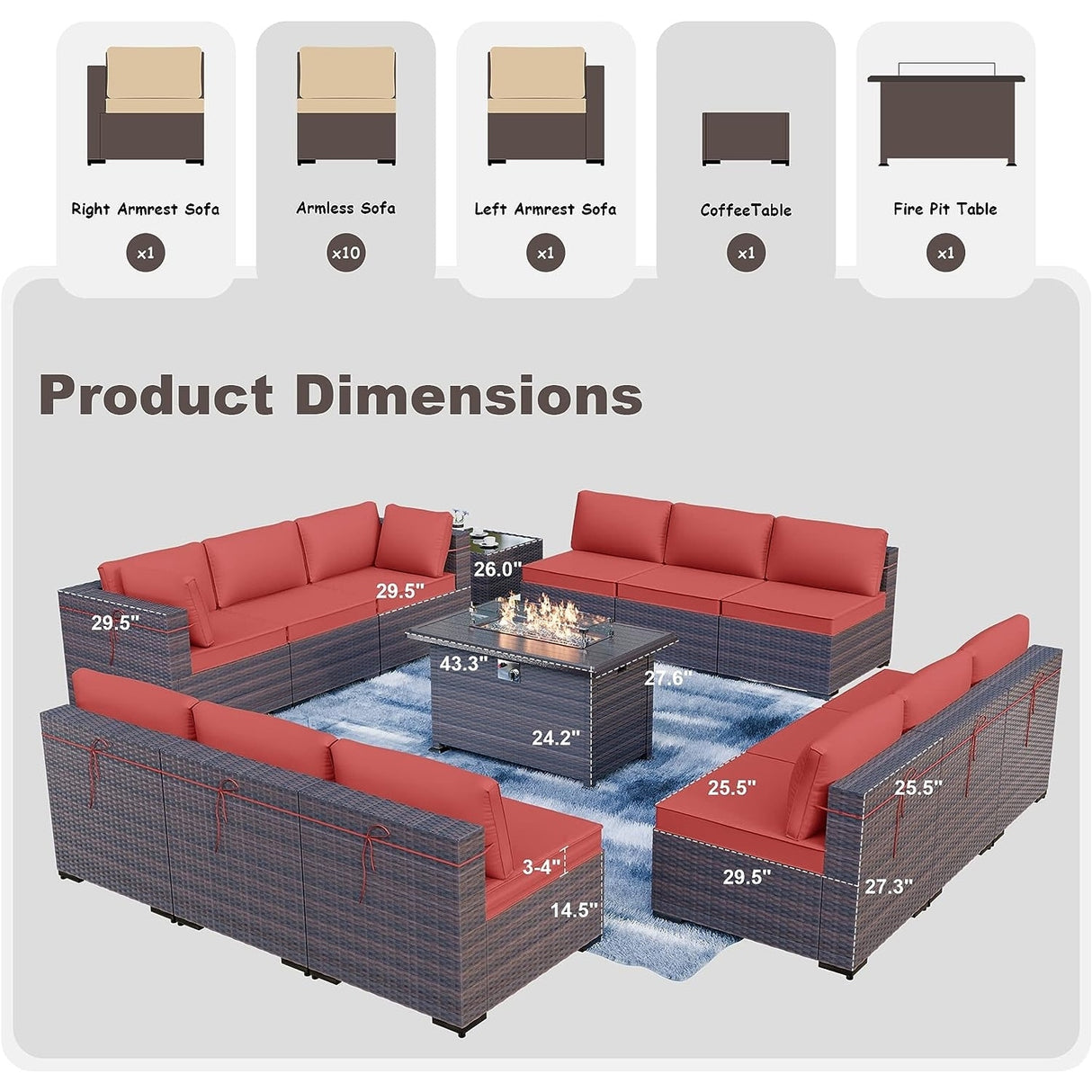 Kullavik 14 Pieces Outdoor Patio Furniture Set with Fire Pit Table